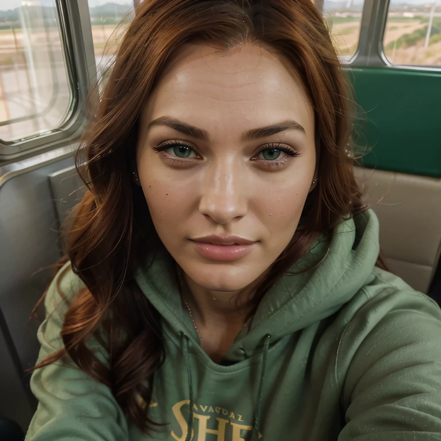 Eine Frau, 26 Jahre alt, with dyed red hair, Mischung aus 10% Megan Fox und 15% Gal Gadot und 20% Blake Lively, 172cm height, 68kg Gewicht, clear green eyes, lange Wimpern, perfekt geformte Augenbrauen, slim and well-defined body, curvy body, elegant thin nose, kleine Ohren, vollen Lippen, White teeth, kleine, weiche, ladylike hands, painted fingernails, (wearing a green sweatshirt and a black winter jacket), high resolution, Meisterwerk, best quality, komplizierte hohe Detailgenauigkeit, Sehr detailliert, scharfer Fokus, detaillierte Haut, realistische Hautstruktur, echte Hautstruktur, Realistische Textur, Fachmann, wahres Leben, ultrarealistisch, Fotorealismus, Fotografie, realistic Fotografie, UHD, (Selfie von oben im Zug, auf dem Sitz sitzen, Wintertag)