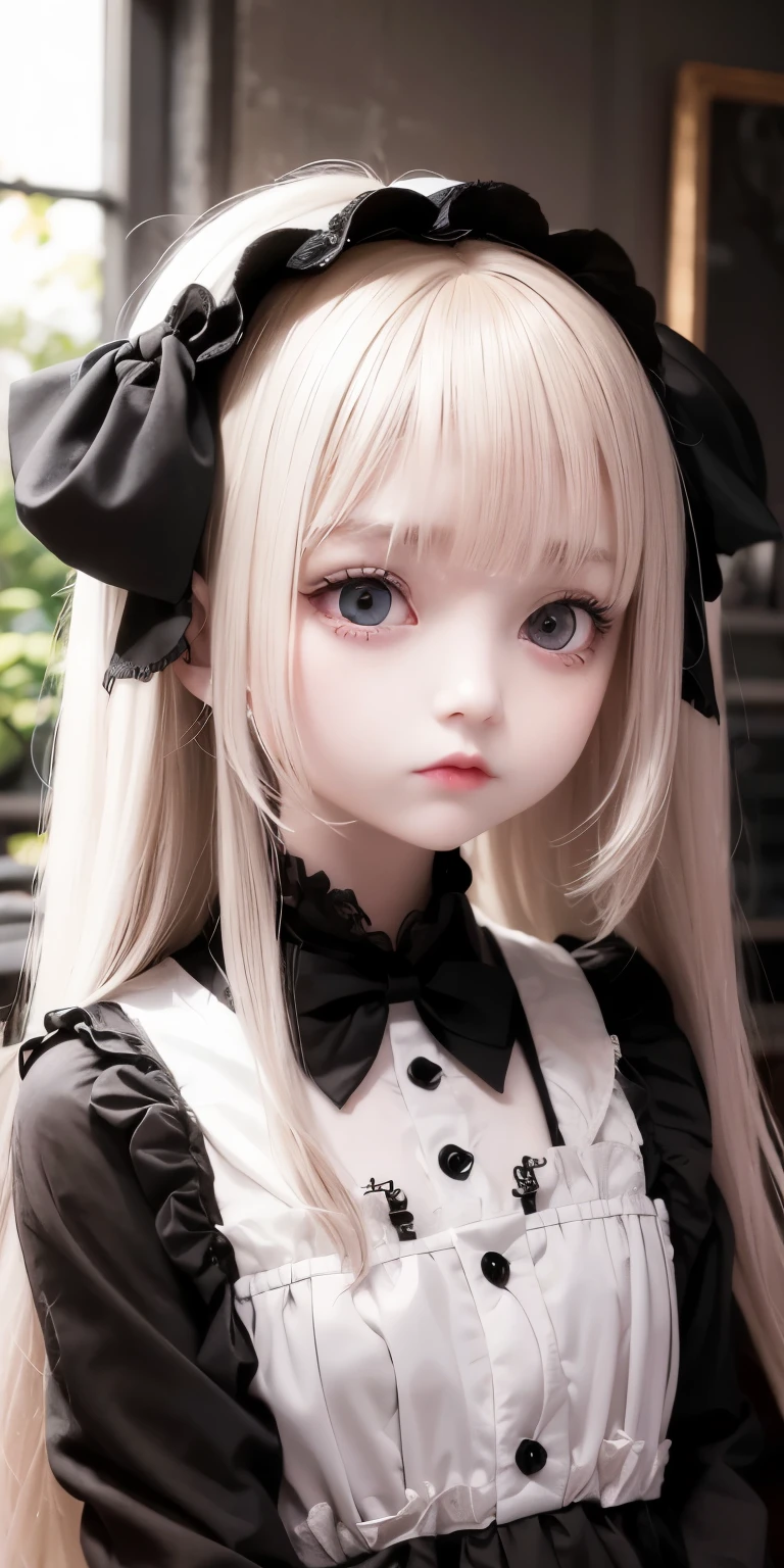 Lori、Bangs that extend to the face、、12 years old、ba face、Cute No、(thin nose)、(bulging eyes)、Blonde doll with long hair and black bow tie, ball jointed doll, pale porcelain white skin, Embarrassingly cute face. dark fantasy, artdoll, pale goth beauty, china doll face, White skin and black eyes, gothic girl face, dollpunk, porcelain pale skin, (( deep black eyes ))