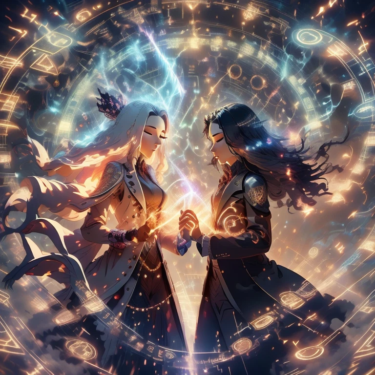 Masterpiece,bestquality,flat colour, 2girl,wearing elaborate magical suit,sexy suit,closed eyes,tchating,working hard,magic circle with thunder,thunder arround them,blurry forground,