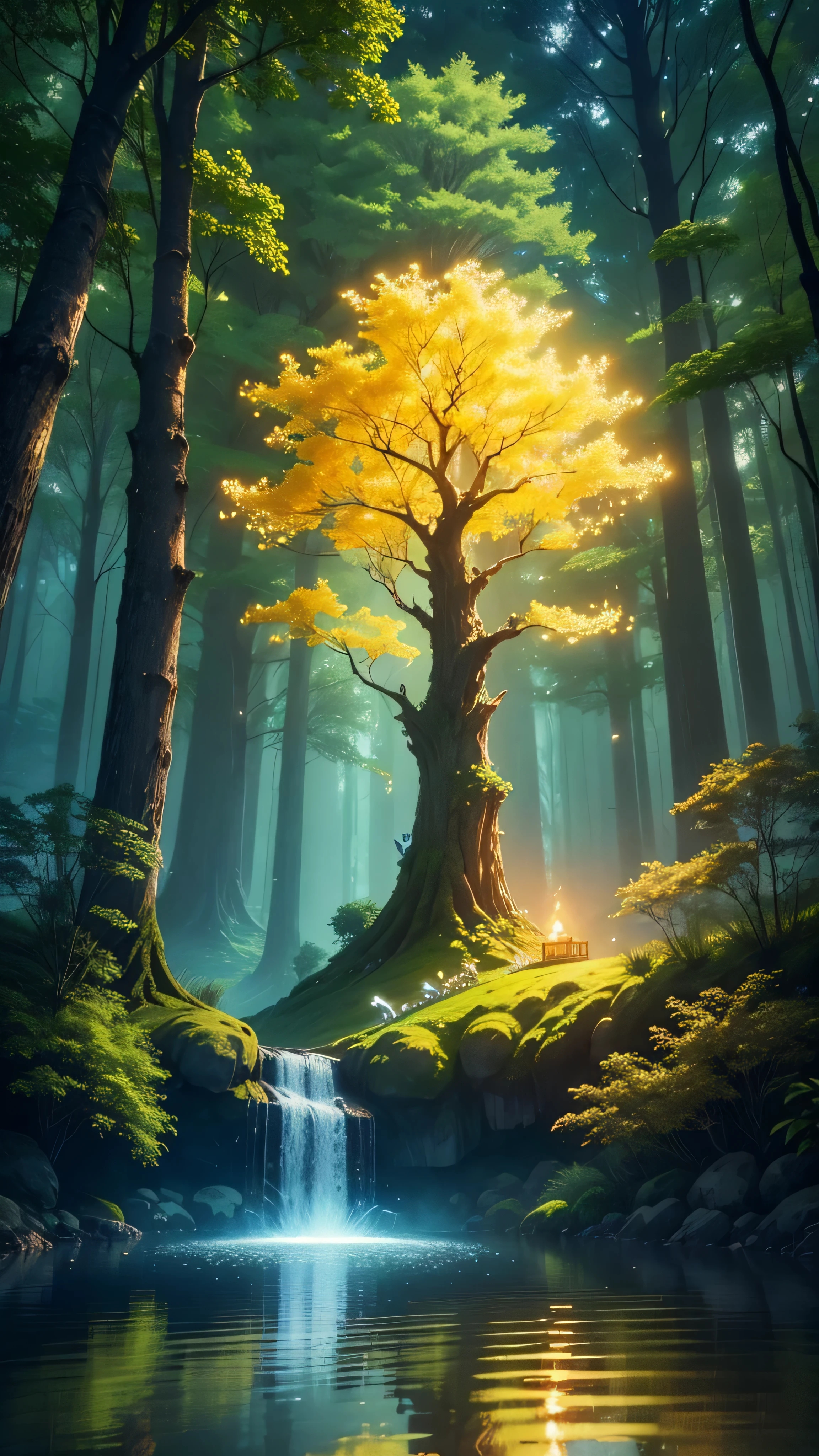 Describe an enchanting scene in a magical forest, where a towering sacred tree, radiant with light, stands majestically on the banks of an equally sacred river. The tree is absorbing water from the river with its resplendent roots, creating a spectacle of light and energy. The sky is illuminated by a soft, magical light, reflecting the harmony of nature. Illuminated butterflies dance in the air around the tree, spreading extended colors, while fireflies float gently, adding points of magical light to the scene. Capture a serene and enchanting atmosphere of this unique place in the generated image.
