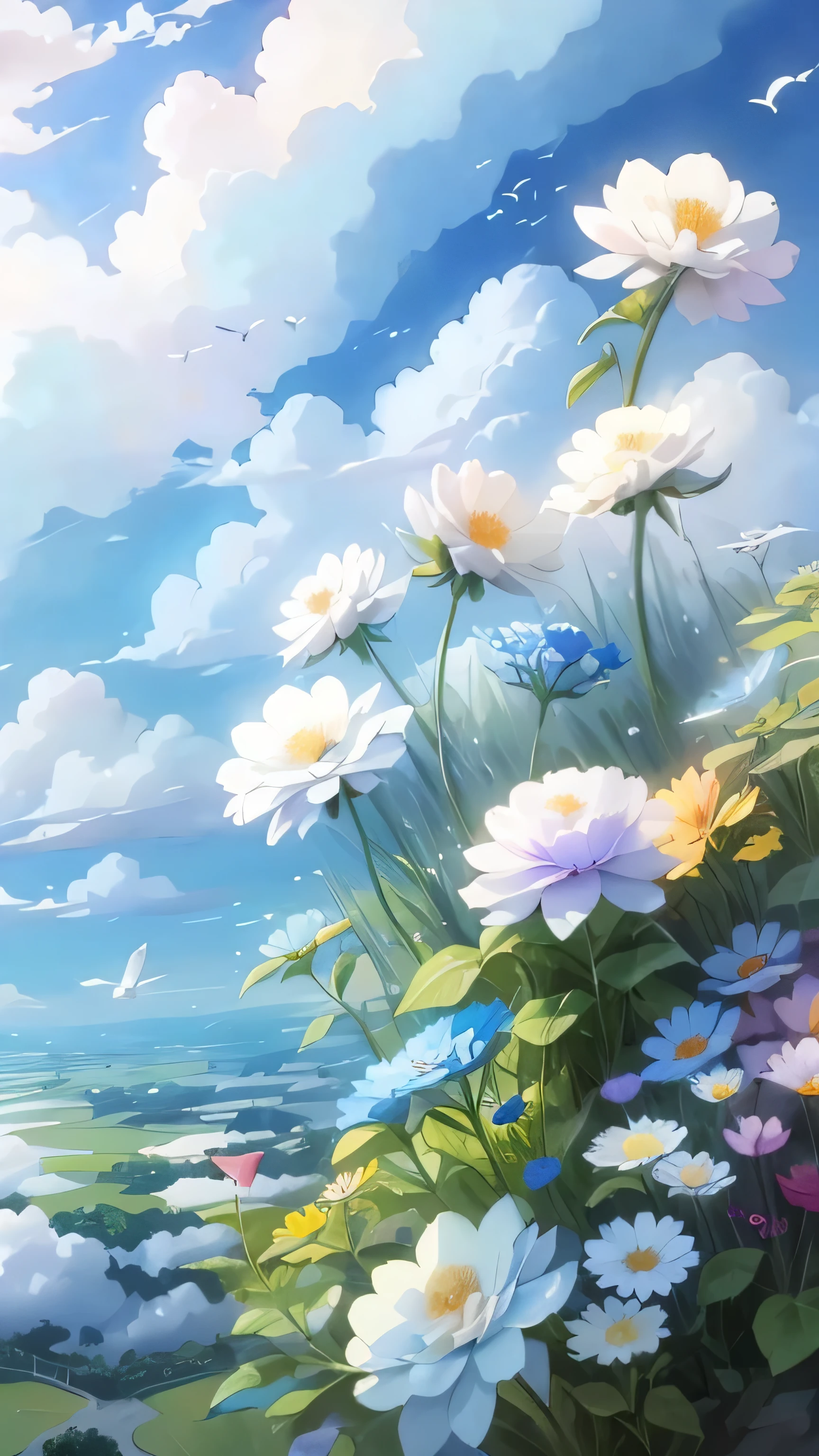 Flower field painting of birds flying in the sky, detail painting 4k, drawn in anime artist studio, in white cloud wonderland, drawn by Yang J, anime beautiful peaceful scene, high quality digital painting, beautiful floating clouds. Anime, beautiful anime scenes, Rose Tran. Landscape background, beautiful digital painting, white cloud fairyland --v6