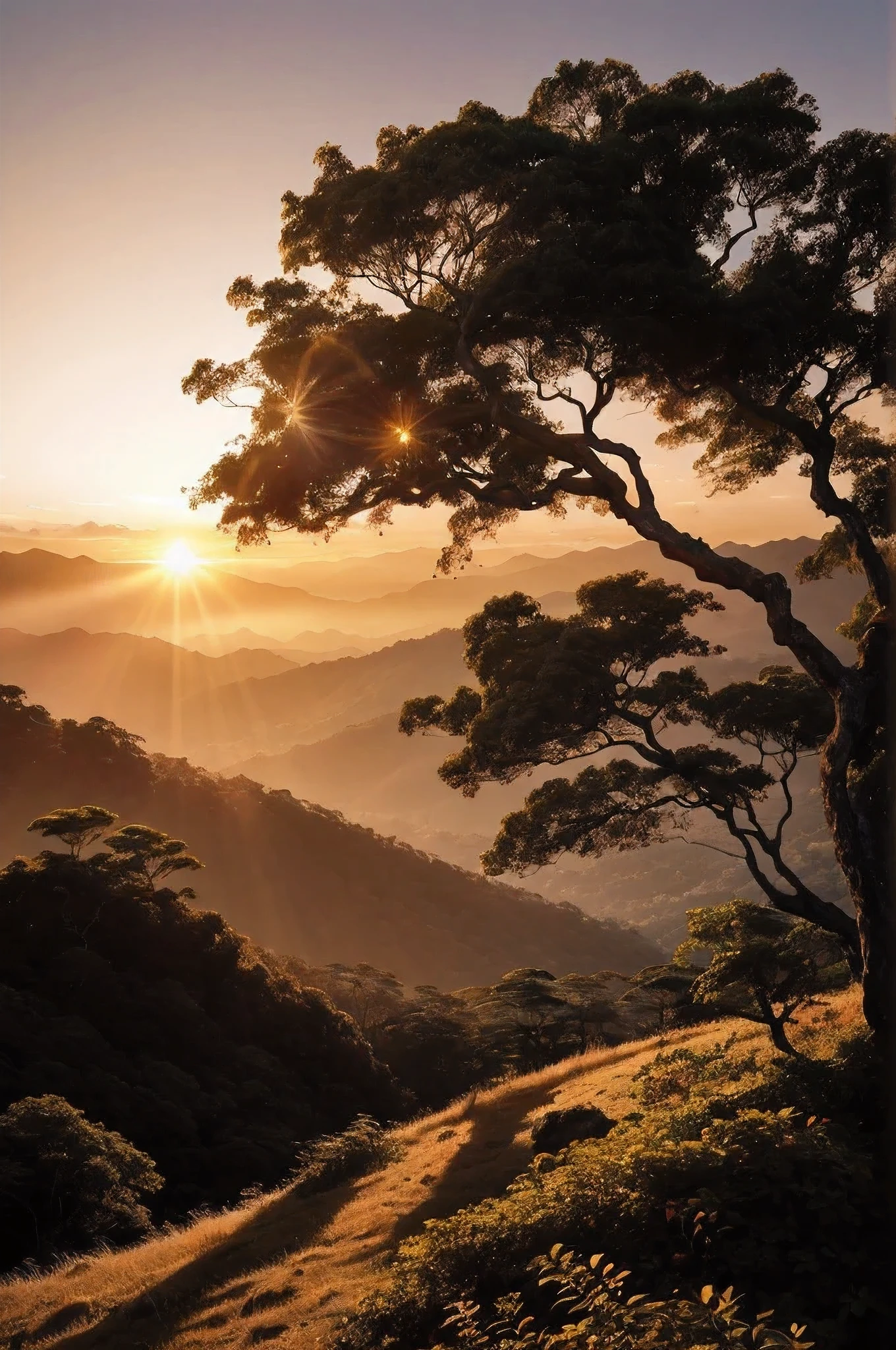 A stunning landscape in the style of southern Brazil, pictured on a mountain kissed by the sunset,
em uma montanha com um por do sol vermelho (on a mountain with a red sunset).

Uma cena vibrante e ricamente colorida, capturing the essence of the Brazilian landscape,
with lush vegetation, towering trees, e colinas onduladas,
blending perfectly with the golden tones of the sunset.

The sun casts for a long time, dramatic shadows,
as the last rays of light dance over the landscape,
criando uma atmosfera hipnotizante e serena,
perfectly encapsulating the beauty and allure