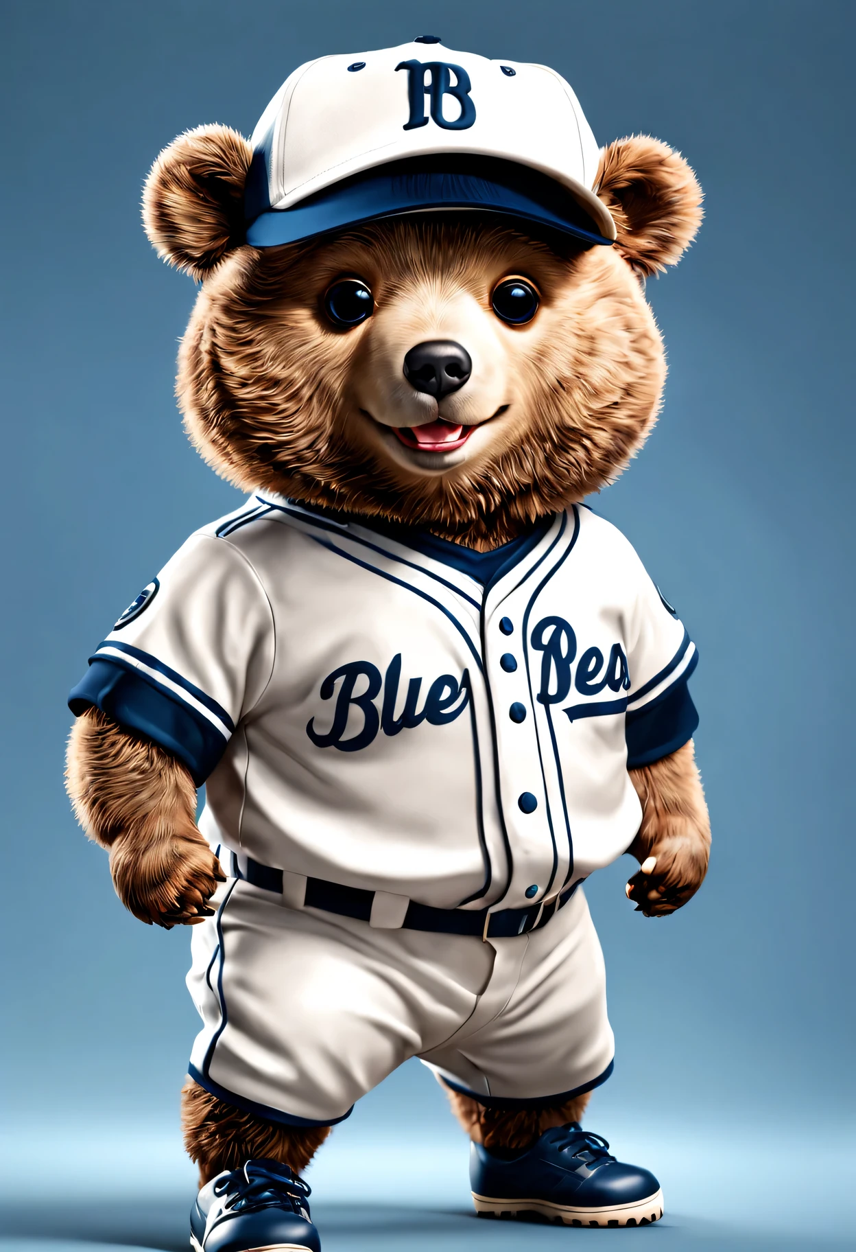 photorealistic portrait of Dressed animals - a fat baby bear baseball player,( dynamic action pose), high quality,(lovely) ,intricate details, highly detailed ((baseball uniform)) ,highly detailed baseball cap, wearing sunglasses, (happy), studio lighting,(full body image:1.5)