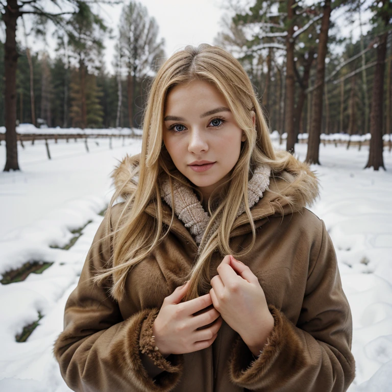USSR, girl in a fur coat, winter, market, forest, blonde, realistic, natural, professional photo