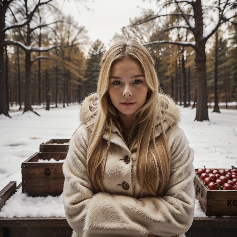 USSR, girl in a fur coat, winter, market, forest, blonde, realistic, natural, professional photo