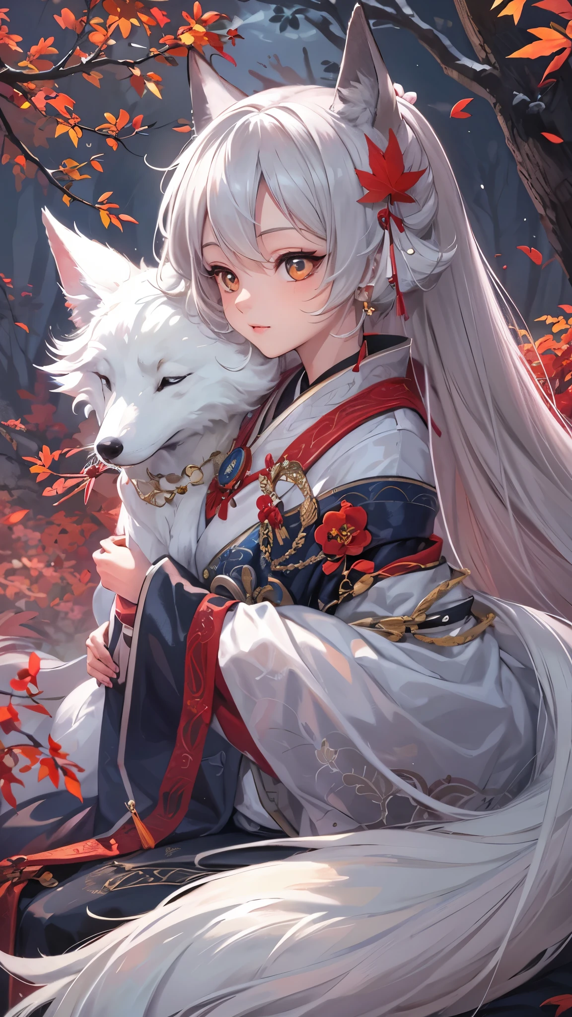 (better quality,masterpiece,high detailed),(perfect face:1.5),anime girl sitting on a rock with a huge crescent moon in the background, sleeping white - haired fox,lake,(bright eyes:1.5),(red leaves:1.4),(detailed wafuku:1.2),medium shot,anime art wallpaper 8 k, anime art wallpaper 4k, anime style 4 k, kitsune, onmyoji detailed art, anime wallpaper 4 k,a beautiful fox lady, fox nobushi, onmyoji detailed art, white haired deity, white fox anime,