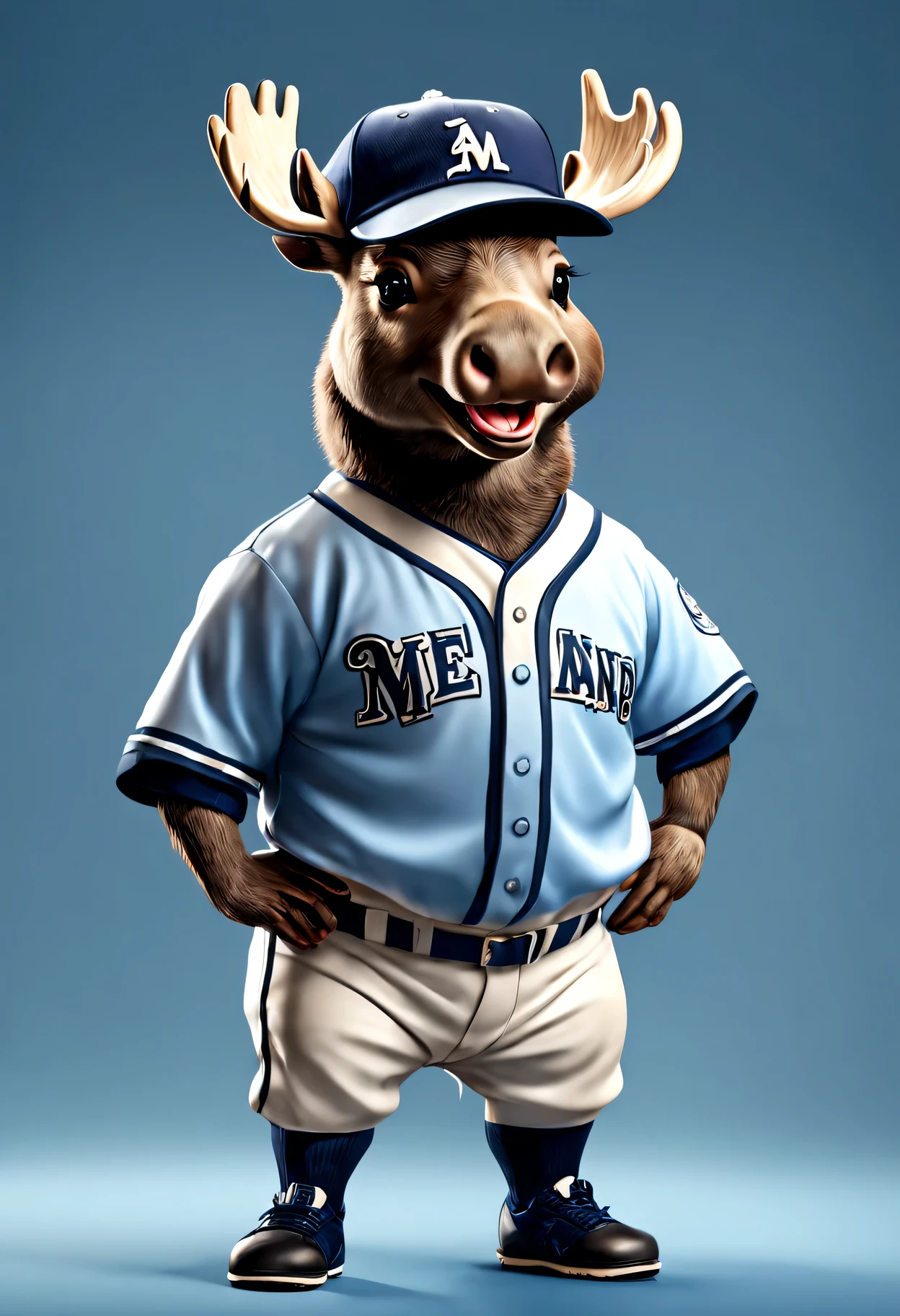 photorealistic portrait of Dressed animals - a fat baby moose baseball player,( dynamic action pose), high quality,(lovely) ,intricate details, highly detailed ((baseball uniform)) ,highly detailed baseball cap, wearing sunglasses, (happy), studio lighting,(full body image:1.5)
