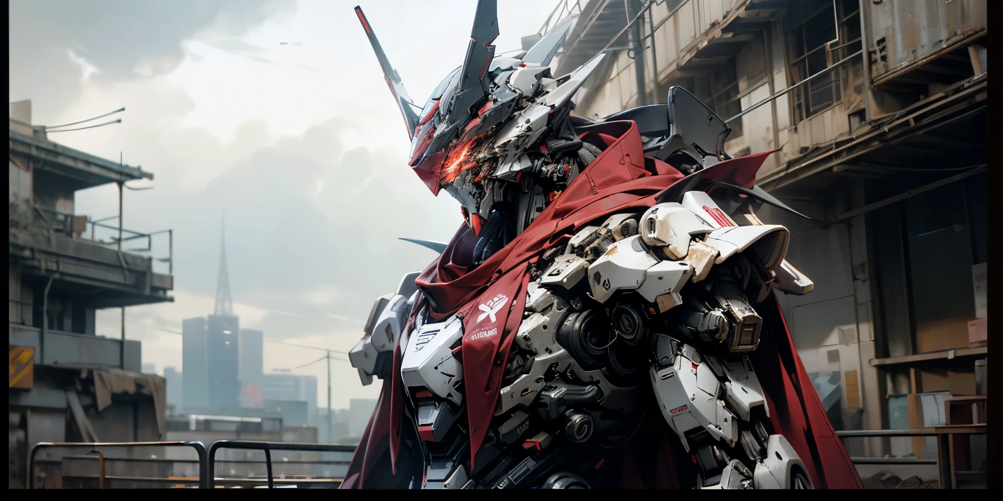 8K,(RAW Extremely detailed: 1.3),((best-quality)),((Masterpiece)),ultra-detailed,realistic,extreme detail description,professional,physically-based rendering,sharp focus,glowing weapons,post-apocalyptic ruined buildings of the cyberpunk city in the background,mecha,1 weapon,destroyed atmosphere,red cape fluttering in the wind,skull helmet,white and red colors,science fiction,super cool ghost mecha,red warframe,wearing white mechanical armor,red glowing eyes,coming with great momentum,positive perspective,perfect body proportion,gundam humanoid mech,anime mecha aesthetics,deads-up view,standing pose,military giant mech,future technology,realistness,dark clouds in the sky,postwar background,NVIDIA RTX,super-resolution,Unreal 5,large aperture,combat pose,depth of field,upper body,letterboxed