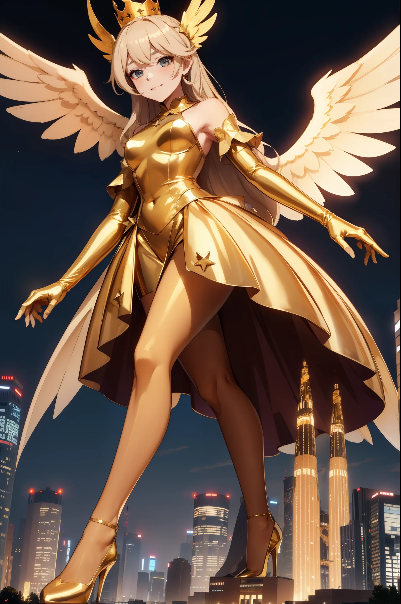 Aerial View,giant girl 50,000 feet high,Weight 1000kg,Has a pair of huge golden angel wings,With huge devil horns on his head,Has waist-length golden hair,loose hair,Big wavy blonde curls,Wearing a pair of gold Mary Jane heels,Gold lace gloves,gold lace pantyhose,Pantyhose with bow and star decorations,金色蕾丝whole body,Standing upright on a small city,Beautiful appearance,Exquisite makeup,quality,8k,高quality,Perfect proportion, Cinema lighting,film grain,Fuji colors,8k,textured skin,Super details,high detail,high resolution,fake smile,blood stains,脚底有blood stains,whole body,Obese,feather
