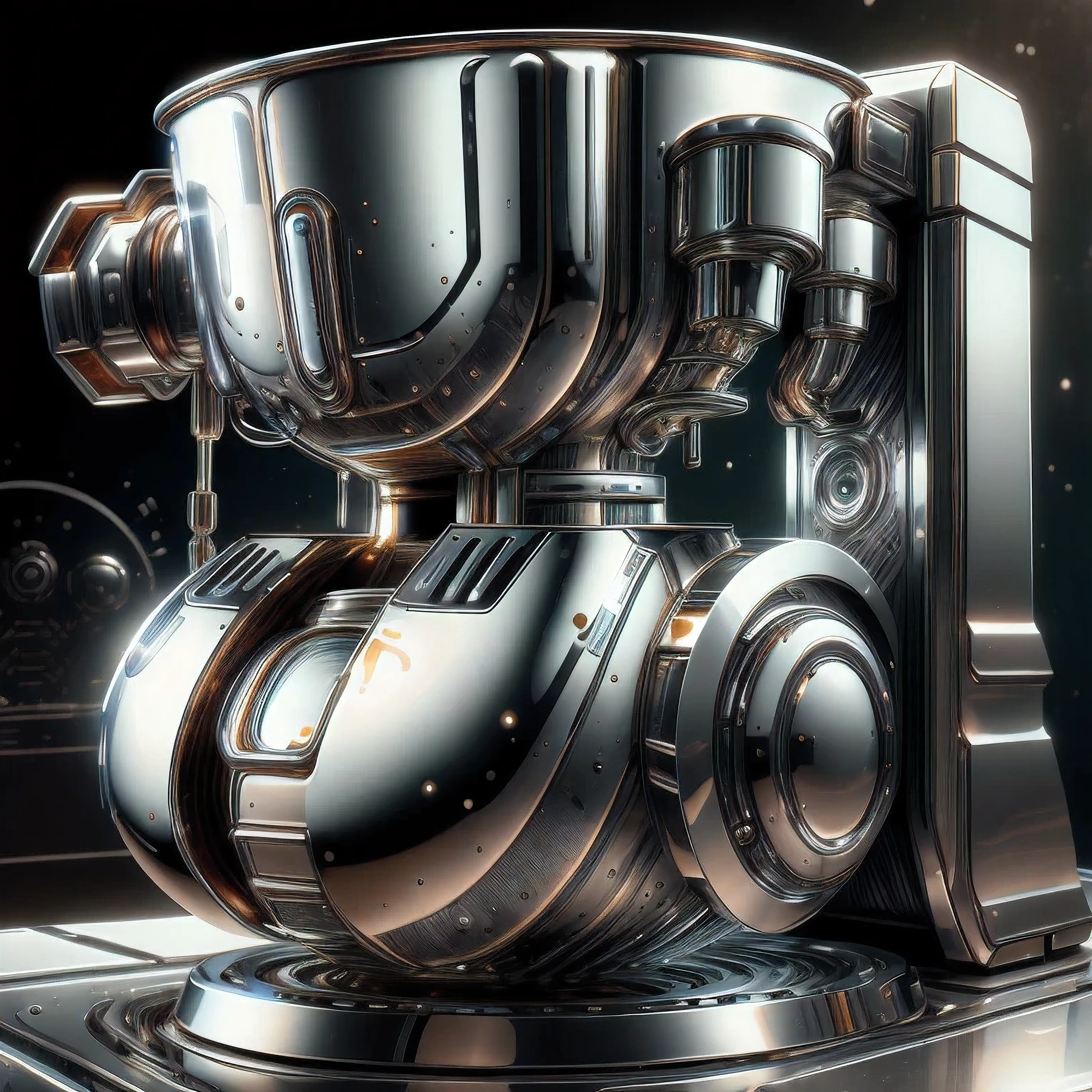 chrometech  , scifi, metallic , chrome,
coffee machine , mug,