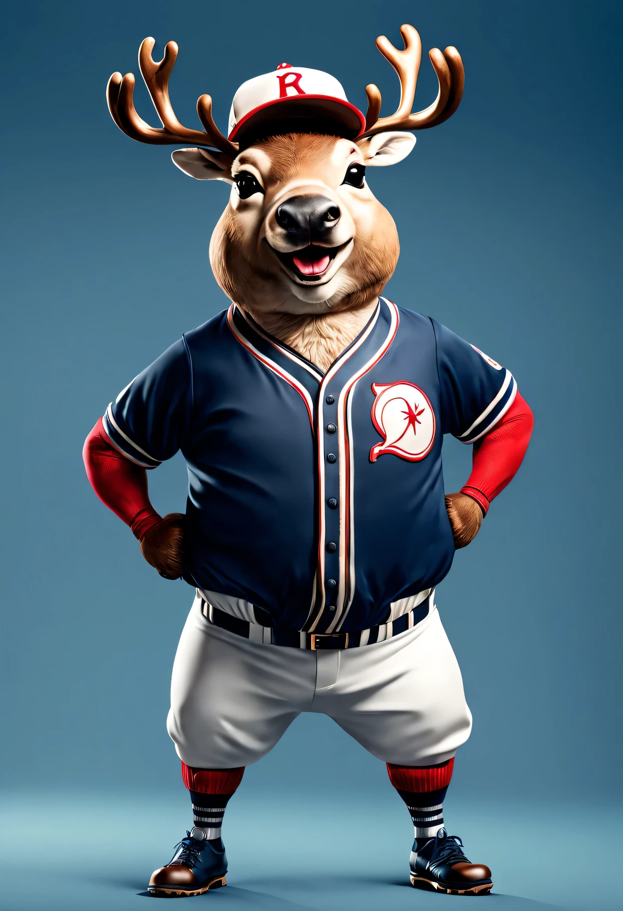 photorealistic portrait of Dressed animals - a fat reindeer baseball player,( dynamic action pose), high quality,(lovely) ,intricate details, highly detailed ((baseball uniform)) ,highly detailed baseball cap, wearing sunglasses, (happy), studio lighting,(full body image:1.5)