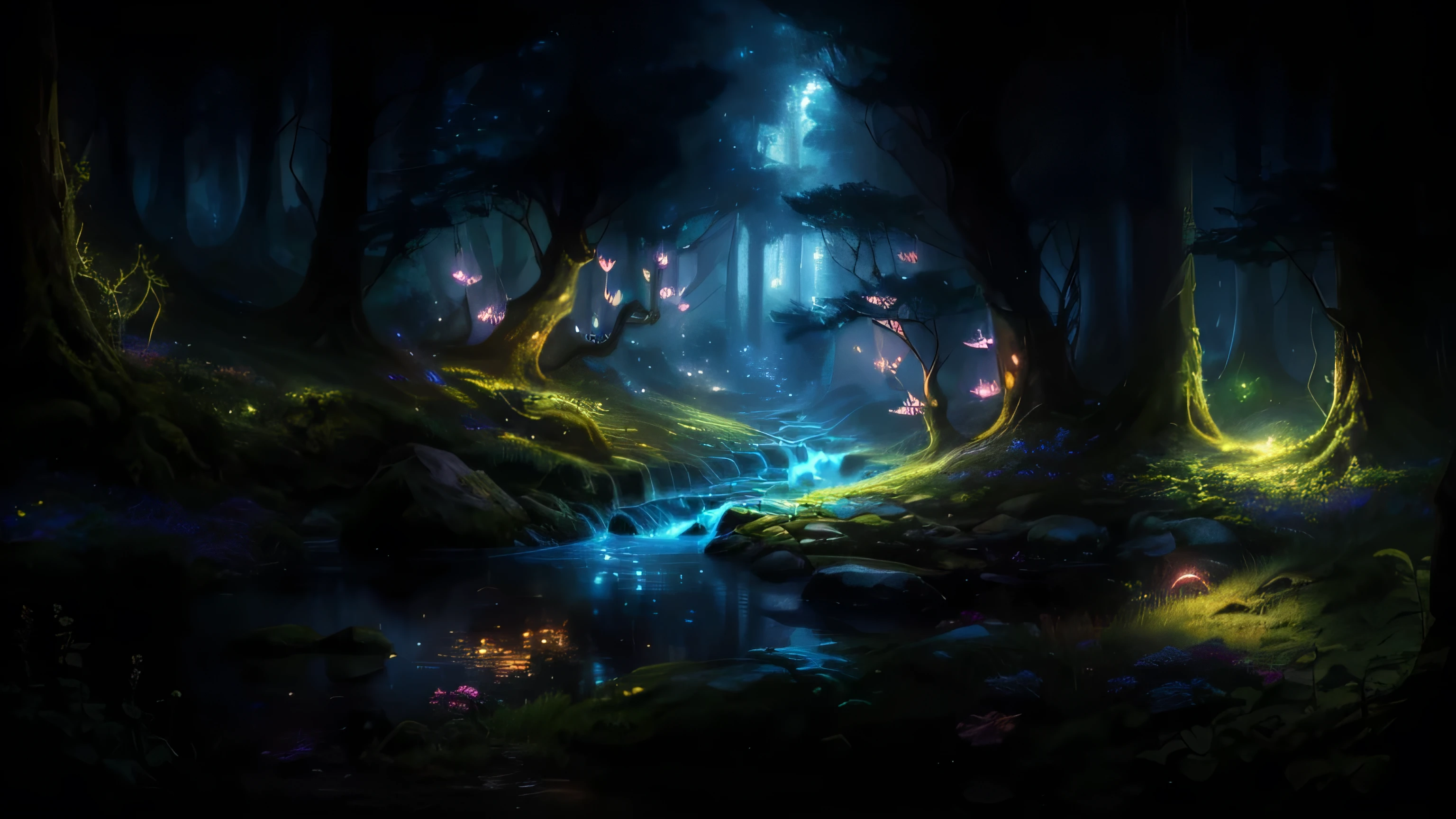There is a small stream flowing through the forest,There are fairytale lights, enchanted magical fantasy forest, magical forest backround, an enchanted forest, magical fantasy forest, fantasy forest landscape, Fantasy Forest, Magical environment, Fairytale forest, Dark fantasy forest, fantasy digital painting, magic fairy forest, mystical fantasy landscape, fantasy forrest background, detailed fantasy digital art, fantasy forest background
