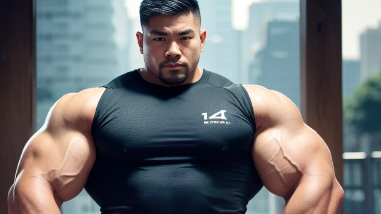 (Highly detailed 8K wallpaper), asian man, muscle worship, fold your arms, On the playground, baseball uniform, high detail, very short hair, skin head, Circular cut, very large and strong body, bulging muscles, muscular, very large pectoral muscles. Very sexy abs, legs are muscular, Toned figure, brightens oily skin, muscular, Tank top, T-shirt, long shot, wide shot