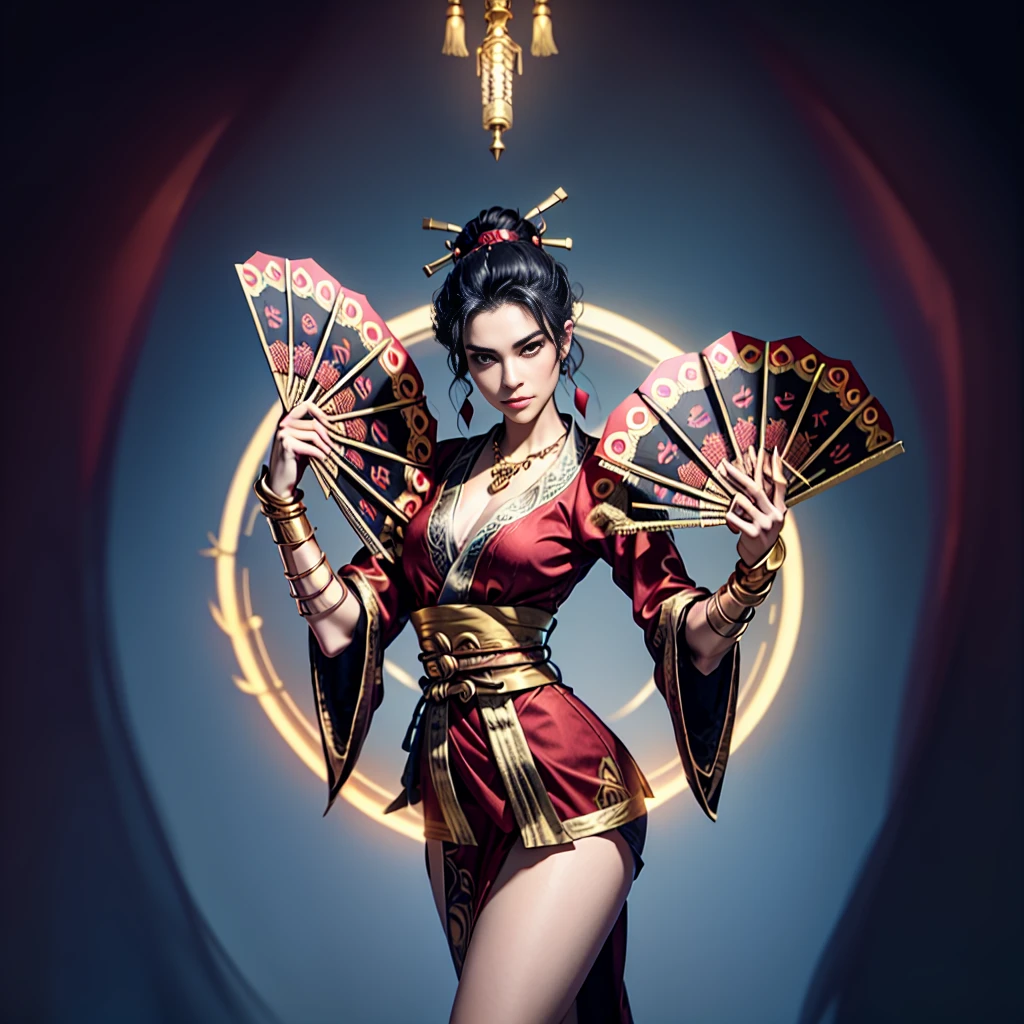 Queen, beautiful, necklace, black hair in 1 top knot,2 hair pins,sexy, design on clothes,milf,design on clothes,milf,form fitting kimono type clothes,plain kimono, red-mehroon fans, gold patterns,high quality,8k, slight smile, villainess , bandaged hands, red kimono:1.4, red black outfit with gold highlights, blank background