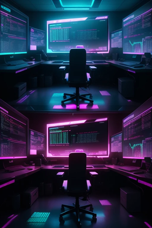 A dimly lit computer lab with many monitors and a keyboard, stock trading, cyberpunk environment, Cyber punk setting, Cyber neon lighting, cyberspace, cyberpunk with neon lights, Cyber neon lights, in a cyberpunk themed room, Cyberpunk interior, Trading screen, market quote on metal table, cyber aesthetic, Cyber style, Sci-fi computer, cyber background, Cyber installation