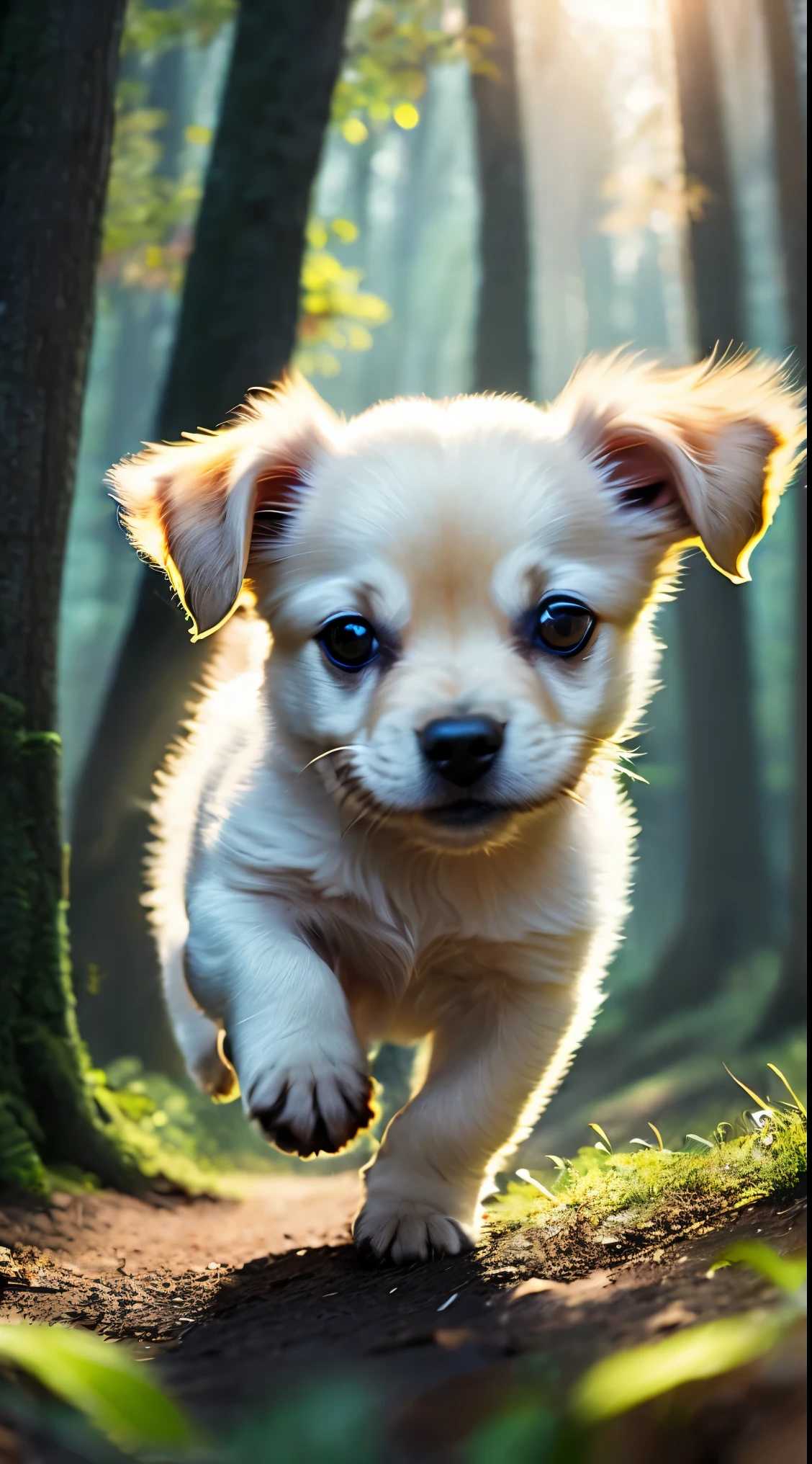 8k、Close-up shot of a very cute jumping puppy in the forest、soft volume light、(back lighting:1.3)、(cinematic:1.2)、intricate details、(art stations:1.3)、rutkowski