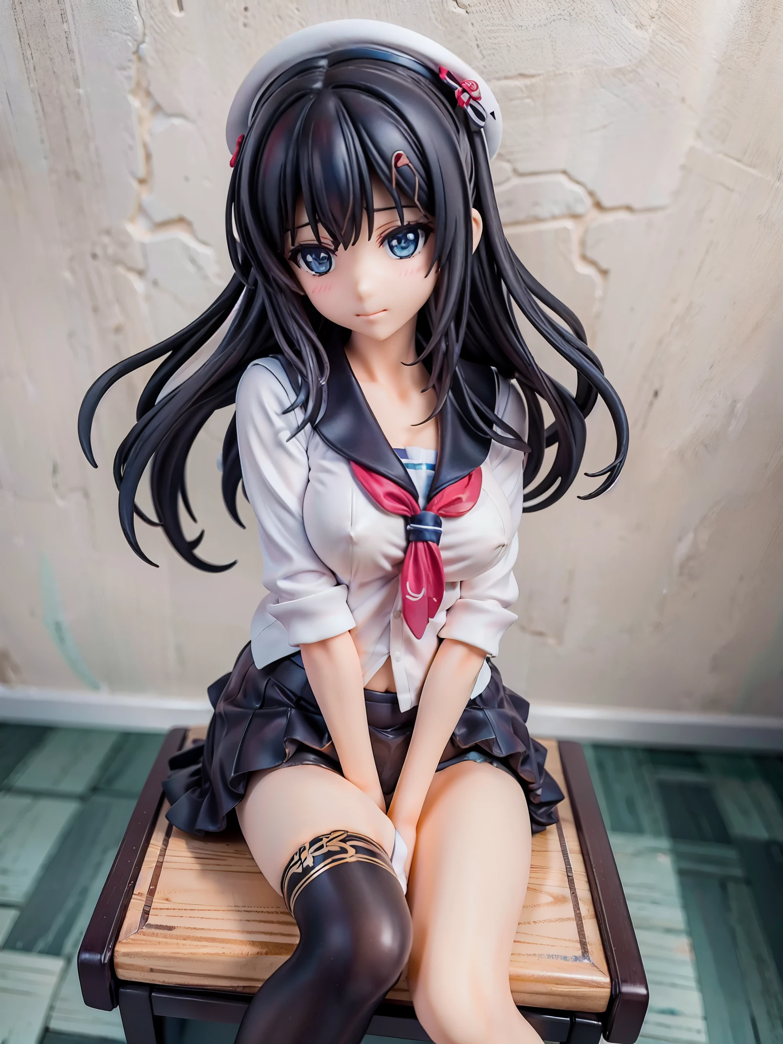 A girl wearing a sailor suit and sitting on a desk、Panties are fully visible、