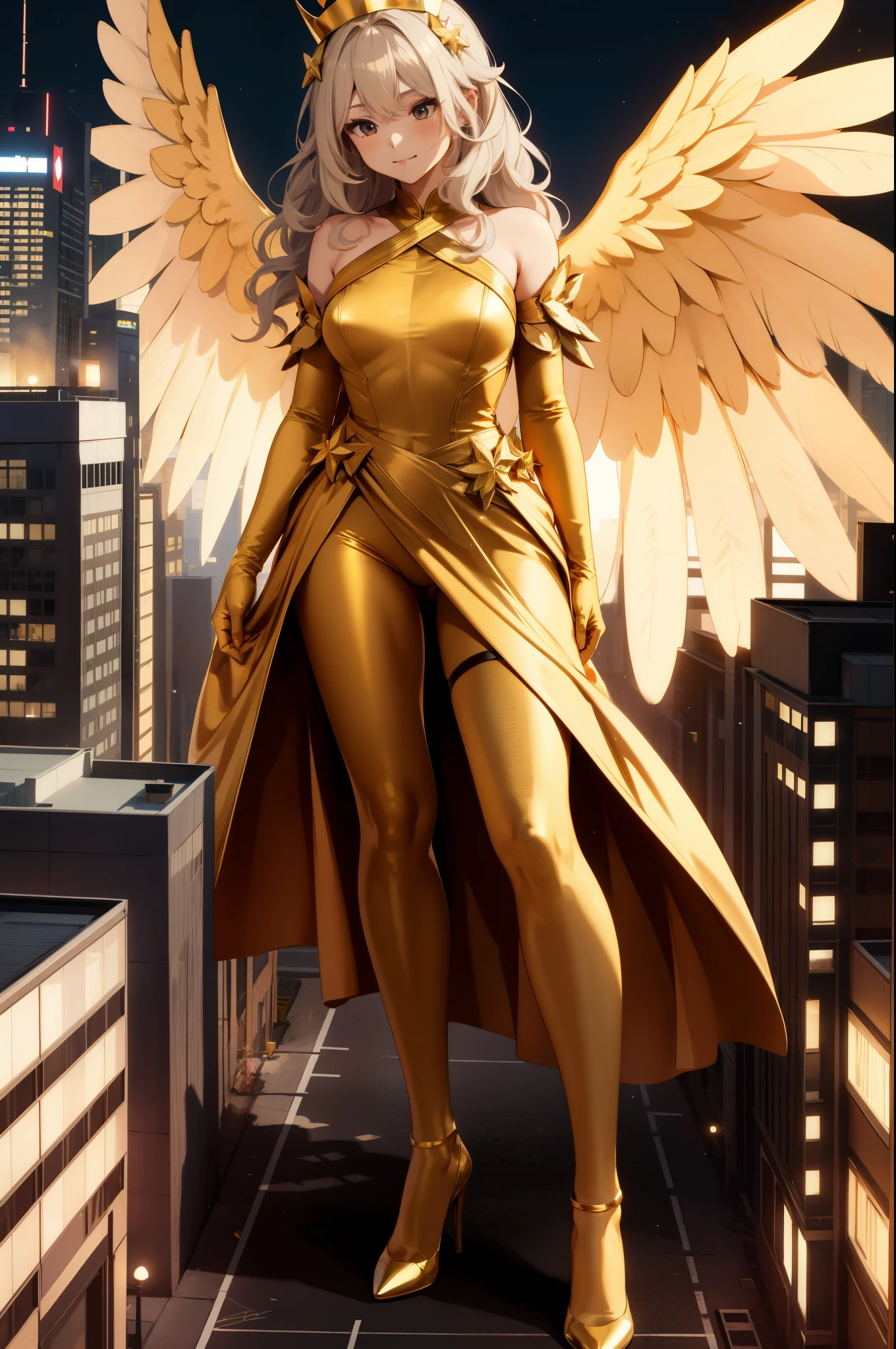 Aerial View,giant girl 50,000 feet high,Weight 1000kg,Has a pair of huge golden angel wings,With huge devil horns on his head,Has waist-length golden hair,loose hair,Big wavy blonde curls,Golden crown,Wearing a pair of gold Mary Jane heels,Gold lace gloves,gold lace pantyhose,Pantyhose with bow and star decorations,金色蕾丝whole body,Standing upright on a small city,Beautiful appearance,Exquisite makeup,quality,8k,高quality,Perfect proportion, Cinema lighting,film grain,Fuji colors,8k,textured skin,Super details,high detail,high resolution,fake smile,blood stains,脚底有blood stains,whole body,Obese,feather
