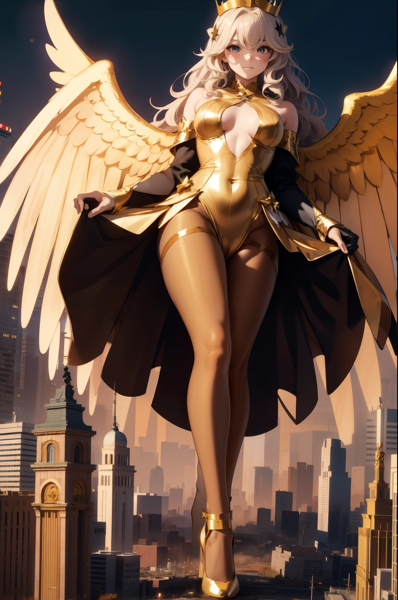 Aerial View,giant girl 50,000 feet high,Weight 1000kg,Has a pair of huge golden angel wings,With huge devil horns on his head,Has waist-length golden hair,loose hair,Big wavy blonde curls,Golden crown,Wearing a pair of gold Mary Jane heels,Gold lace gloves,gold lace pantyhose,Pantyhose with bow and star decorations,金色蕾丝whole body,Standing upright on a small city,Beautiful appearance,Exquisite makeup,quality,8k,高quality,Perfect proportion, Cinema lighting,film grain,Fuji colors,8k,textured skin,Super details,high detail,high resolution,fake smile,blood stains,脚底有blood stains,whole body,Obese,feather