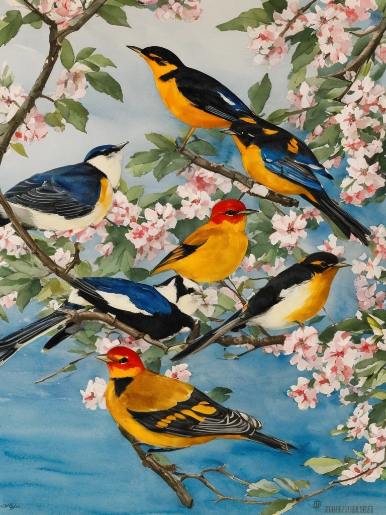 an image of summer bird, Style manga japonais, croquis, Watercolor Colors, masterpiece, vintage, classic old painting with visible brush strokes