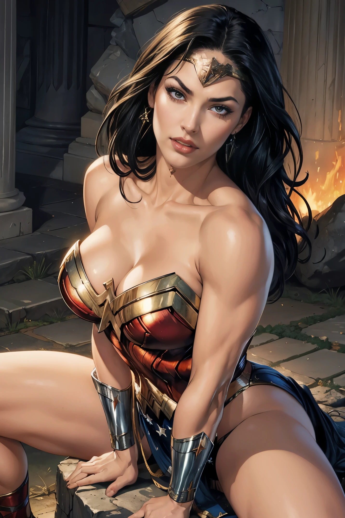 Art image of Megan Fox as Wonder Woman, busty, beautiful, black hair, large breasts, ancient Athens background, by Louis Royo, Boris Vallejo, Frank Frazetta, extreme focus, sharp details, sexy,  oily skin, sexy, naughty, cleavage, crawling