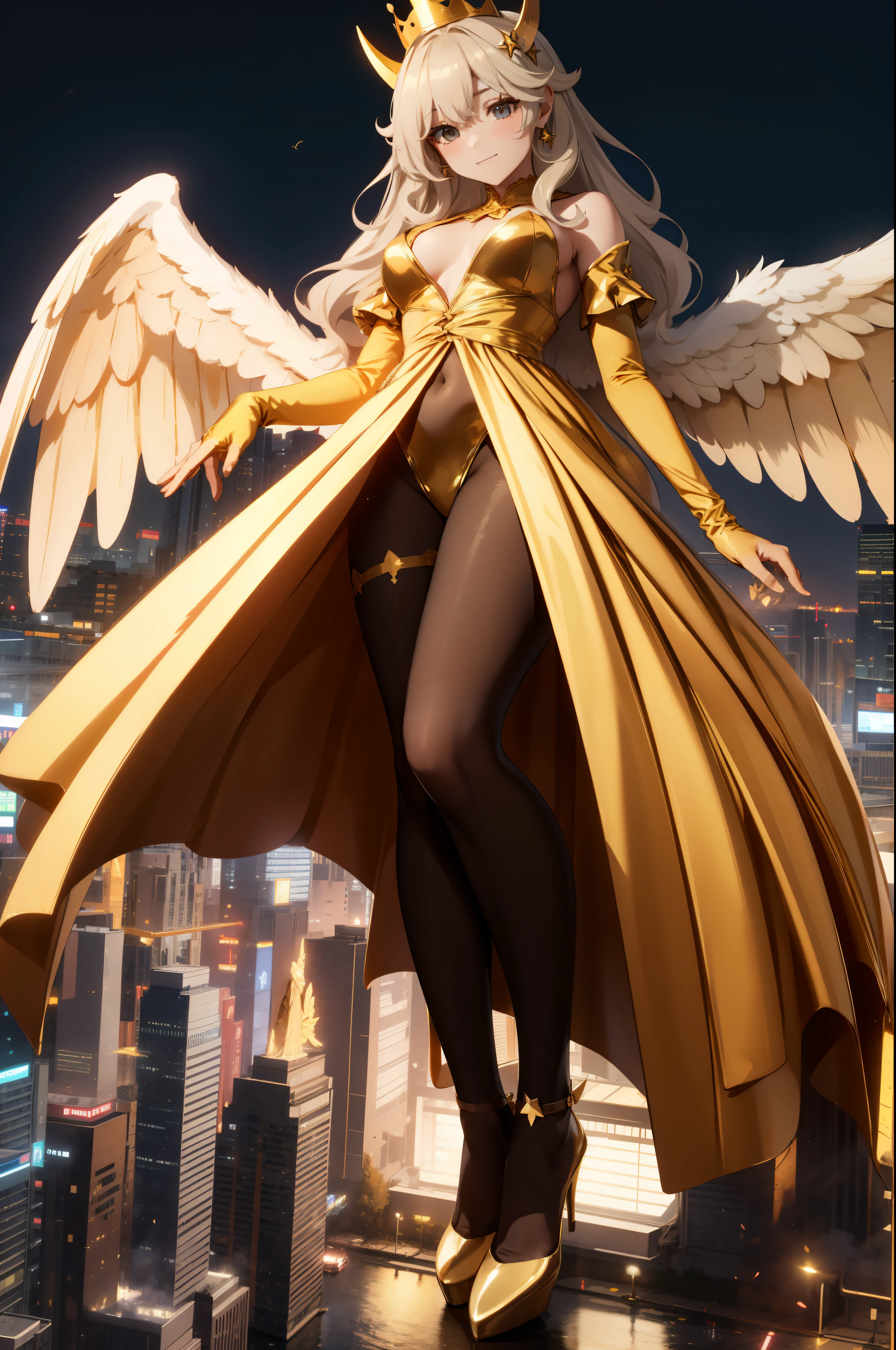 Aerial View,giant girl 50,000 feet high,Weight 1000kg,Has a pair of huge golden angel wings,With huge devil horns on his head,Has waist-length blond hair,loose hair,Blonde hair with big wavy curls,gold crown,Wearing a pair of gold Mary Jane high heels,Gold lace gloves,gold lace pantyhose,Bow and star embellished tights,金色蕾丝whole body,Standing tall above the small town,Beautiful appearance,Exquisite makeup,quality,8k,高quality,Perfect proportion, Cinema lighting,film grain,Fuji colors,8k,textured skin,Super details,high detail,high resolution,fake smile,blood stains,脚底有blood stains,whole body,fat,feather