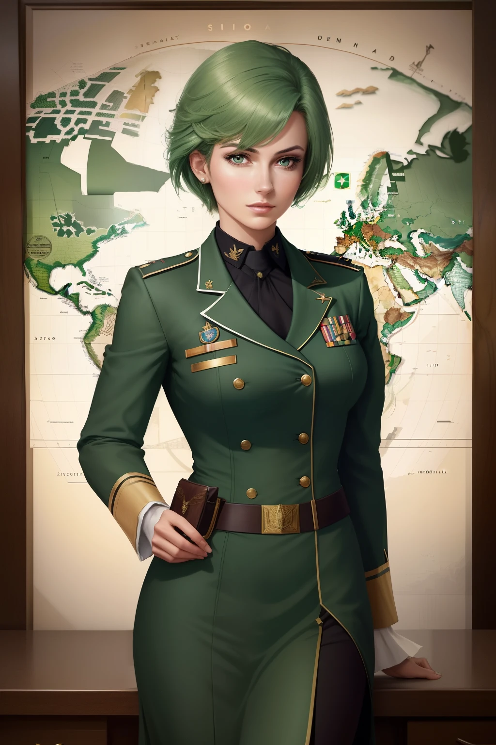 Frederica Greenhill, a 25-year-old female lieutenant and adjutant with short, vibrant green hair, stands confidently before a map table, deep in thought. She is known for her quick Strategic mind and ability to find efficient shortcuts. Her uniform is adorned with various insignia, reflecting her rank and achievements. With a gentle curve of her full breasts, she leans forward, her sharp focus on the upcoming mission.