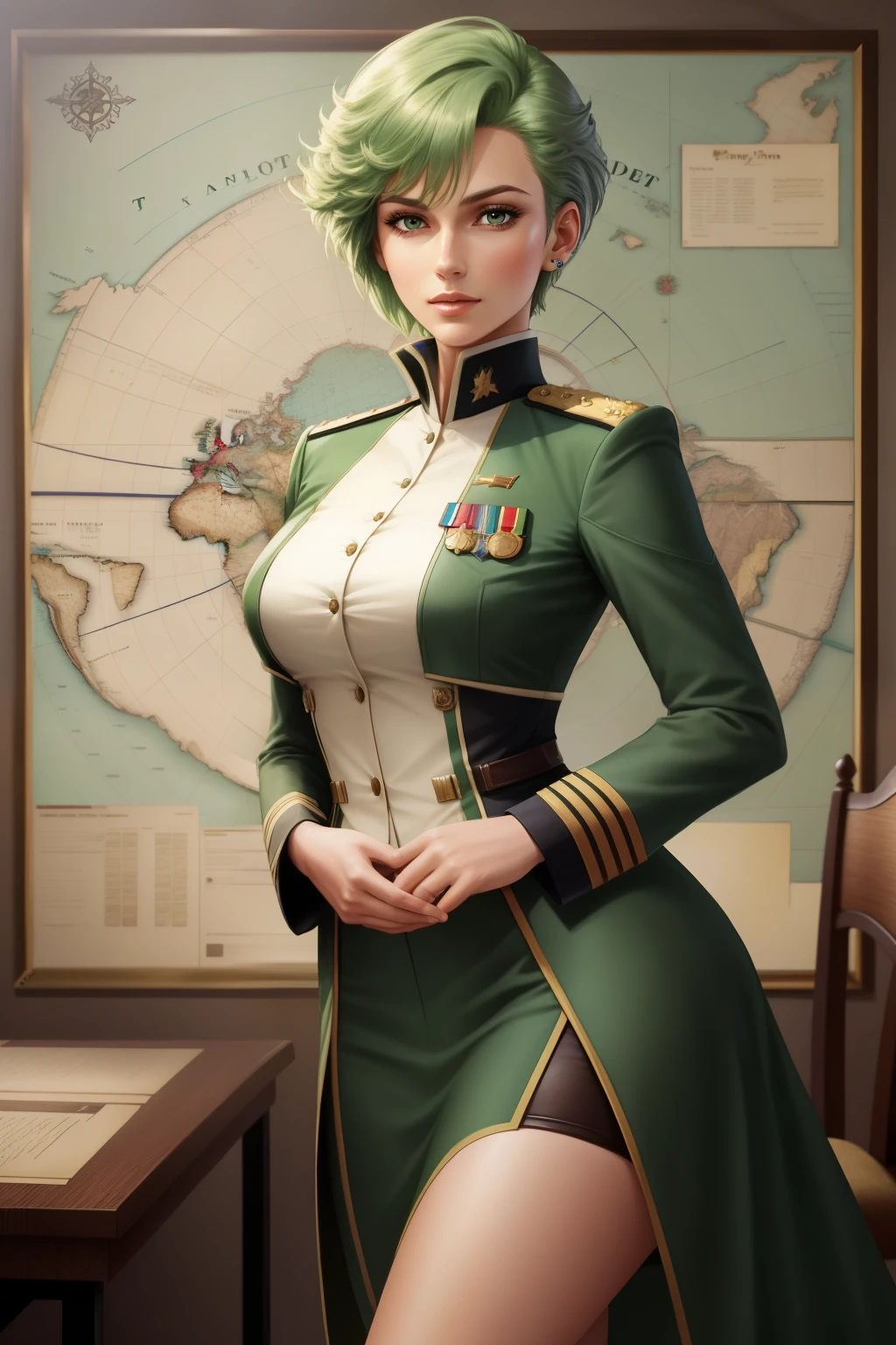 Frederica Greenhill, a 25-year-old female lieutenant and adjutant with short, vibrant green hair, stands confidently before a map table, deep in thought. She is known for her quick Strategic mind and ability to find efficient shortcuts. Her uniform is adorned with various insignia, reflecting her rank and achievements. With a gentle curve of her full breasts, she leans forward, her sharp focus on the upcoming mission.