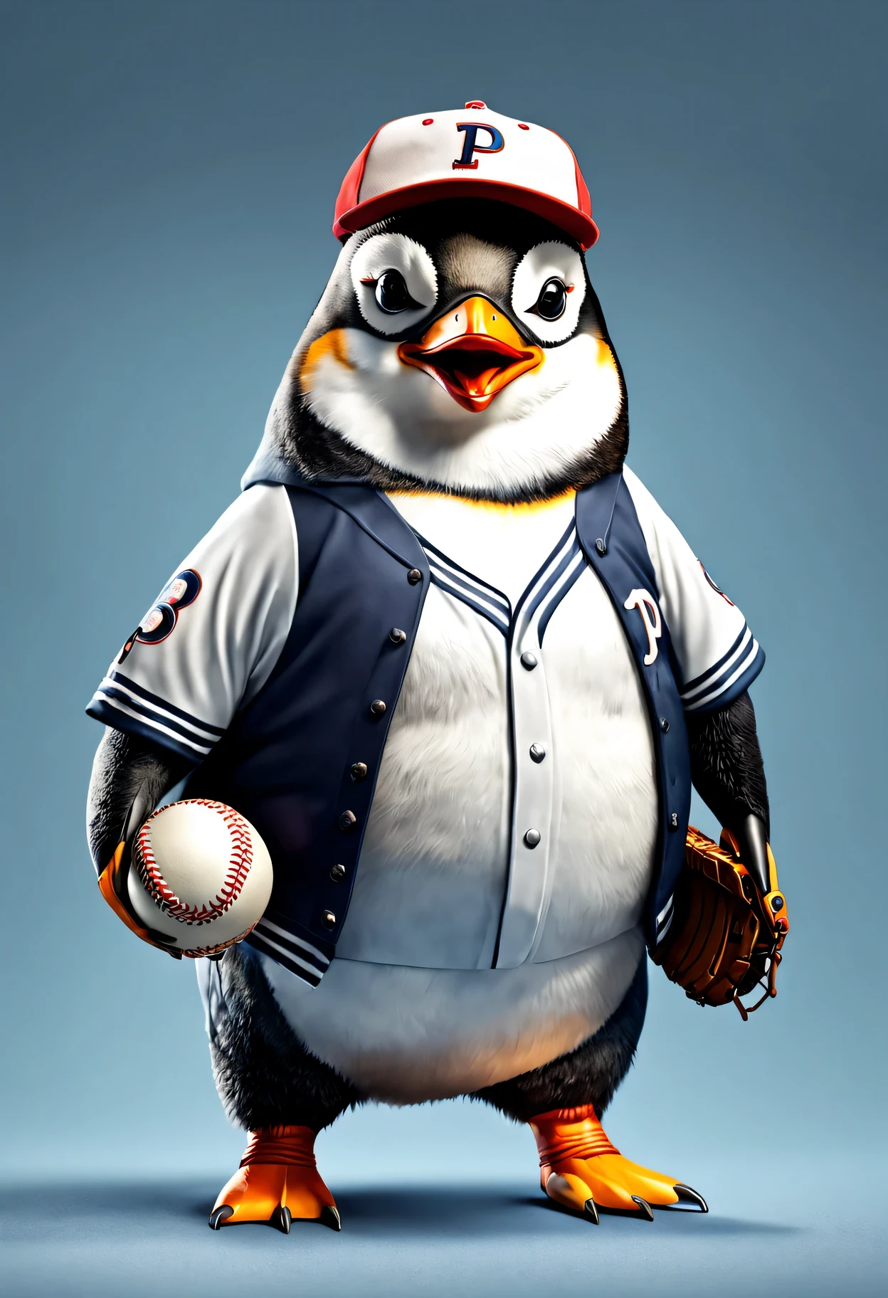 photorealistic portrait of Dressed animals - a fat penguin baseball player,( dynamic action pose), high quality,(lovely) ,intricate details, highly detailed ((baseball uniform)) ,highly detailed baseball cap, wearing sunglasses, (happy), studio lighting,(full body image:1.5)