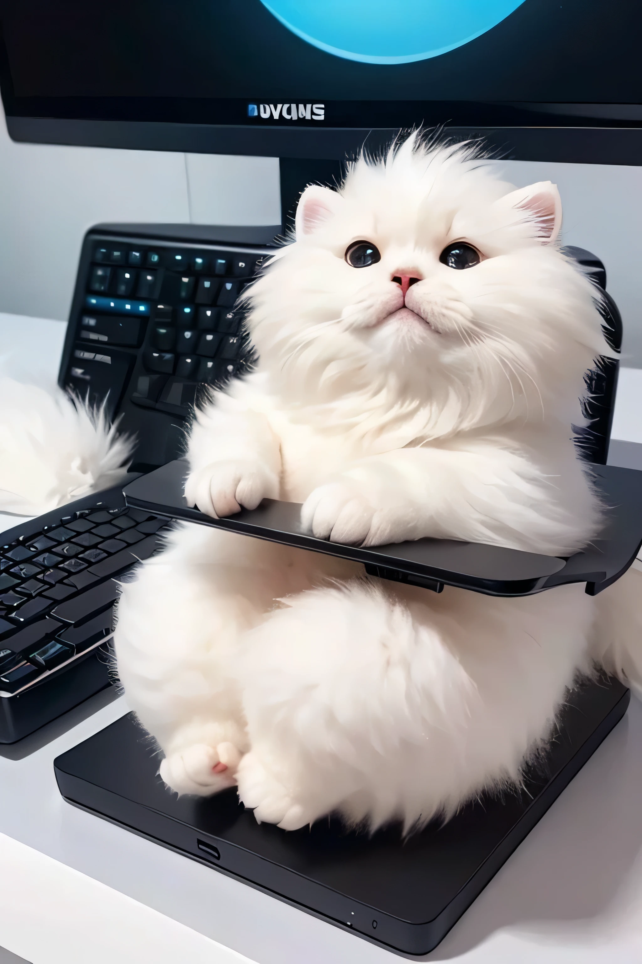 white, round, A fluffy creature sits at a desk and operates a PC.