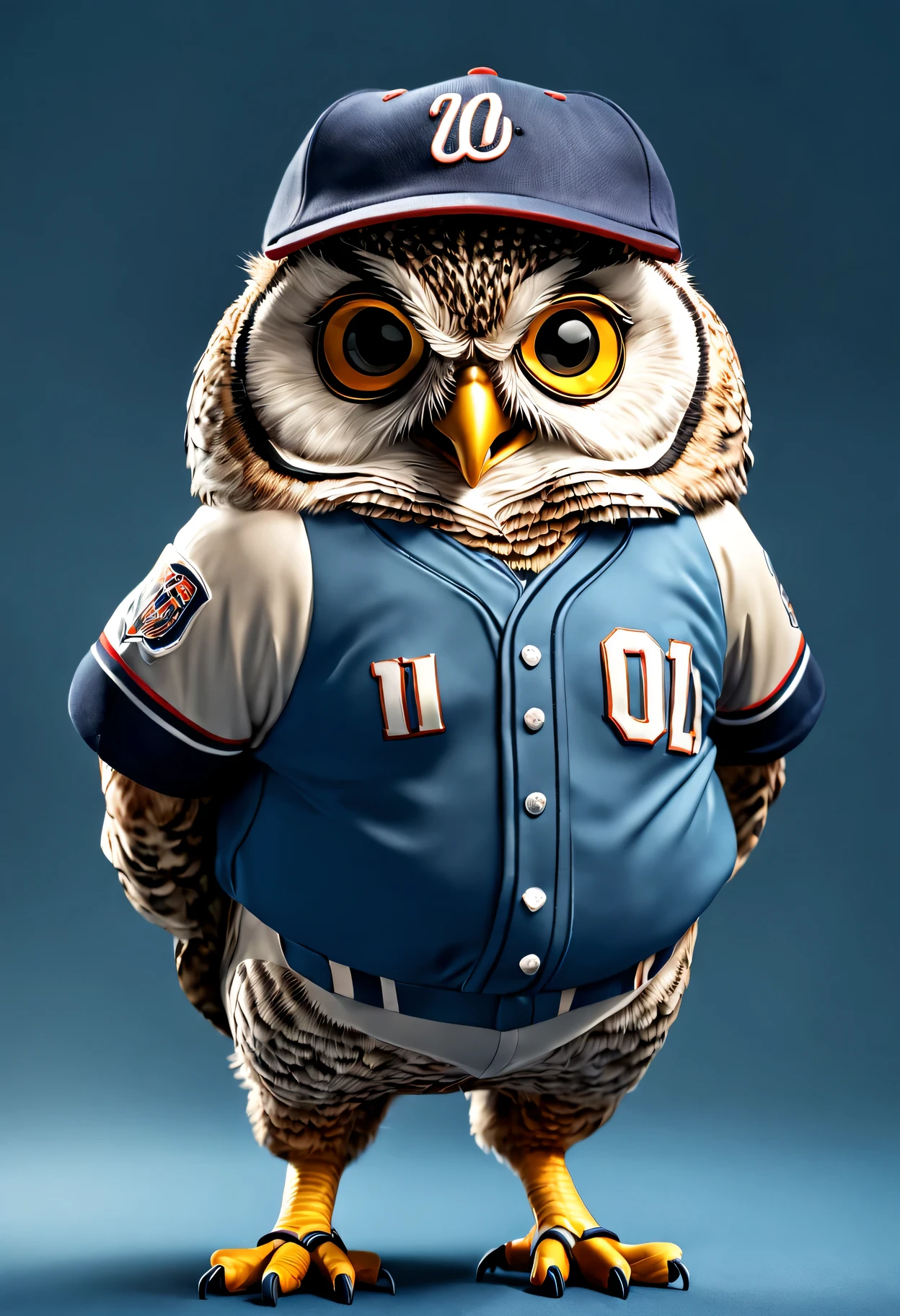 photorealistic portrait of Dressed animals - a fat owl baseball player,( dynamic action pose), high quality,(lovely) ,intricate details, highly detailed ((baseball uniform)) ,highly detailed baseball cap, wearing sunglasses, (happy), studio lighting,(full body image:1.5)