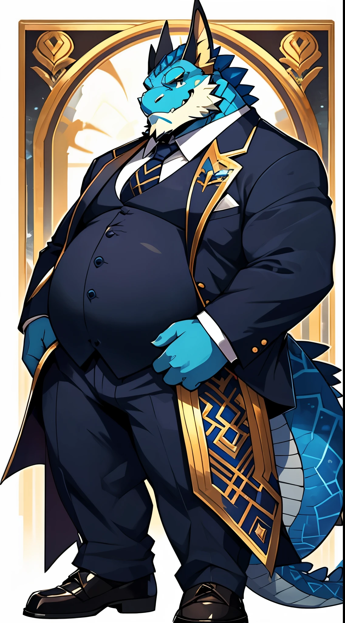 anthro blue bearded dragon wearing a suit, stout, fat, large belly, in the style of anime-inspired character designs, gold and azure, wealthy portraiture, gigantic scale, devilcore, indigo and emerald, dullcore,