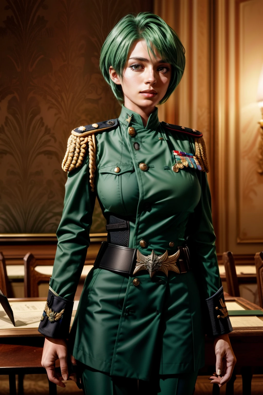 Frederica Greenhill, a 25-year-old female lieutenant and adjutant with short, vibrant green hair, stands confidently before a map table, deep in thought. She is known for her quick Strategic mind and ability to find efficient shortcuts. Her uniform is adorned with various insignia, reflecting her rank and achievements. With a gentle curve of her full breasts, she leans forward, her sharp focus on the upcoming mission.