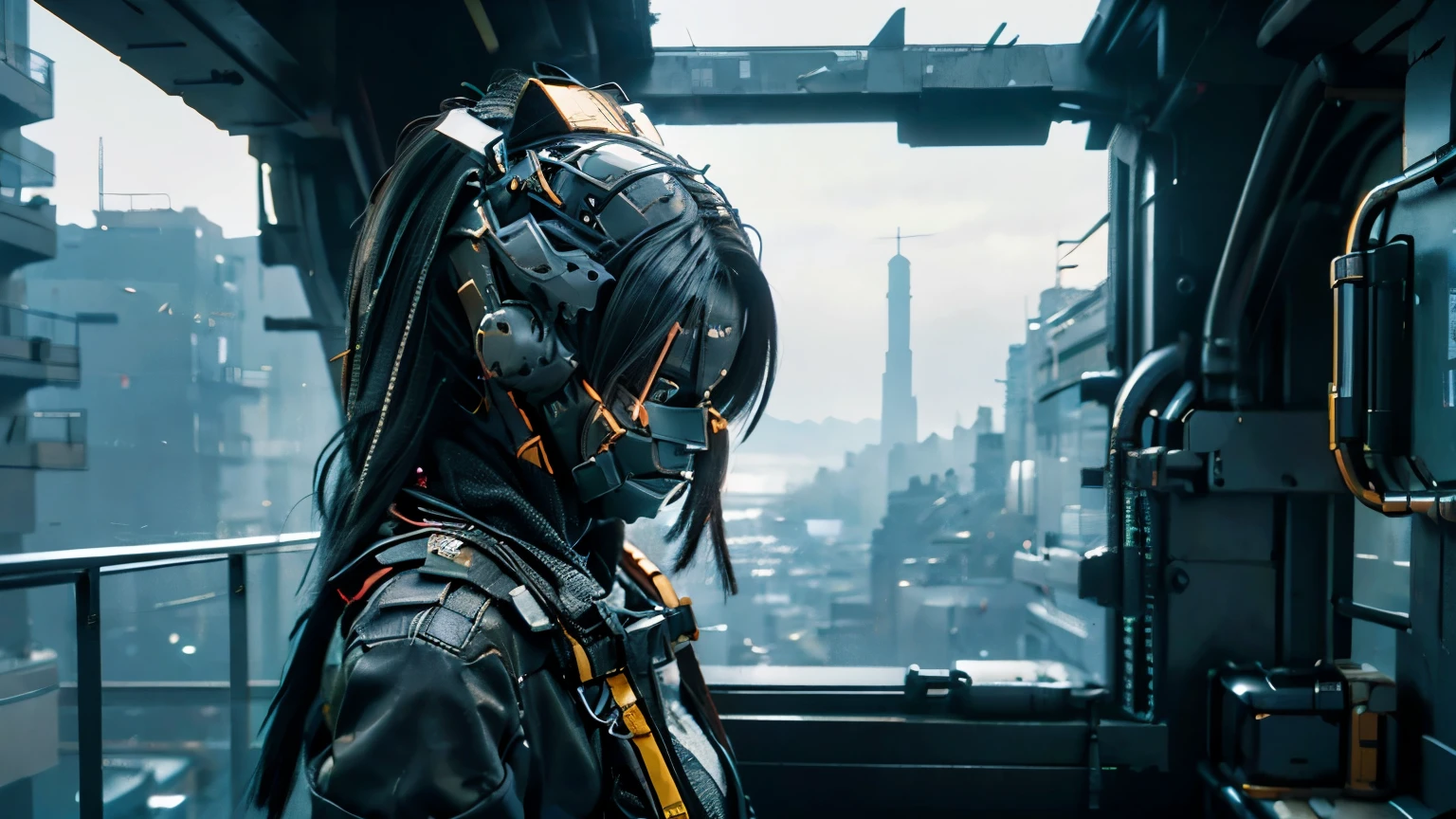 vista desde de una ventana hacia una ciudad ciberpunk, the room full of high tech stuff, una chica viendo por la ventana, con una mano recargada en el vidrio, 8k, ultra realista, ultra detallado, antecedente de calidad 1.5