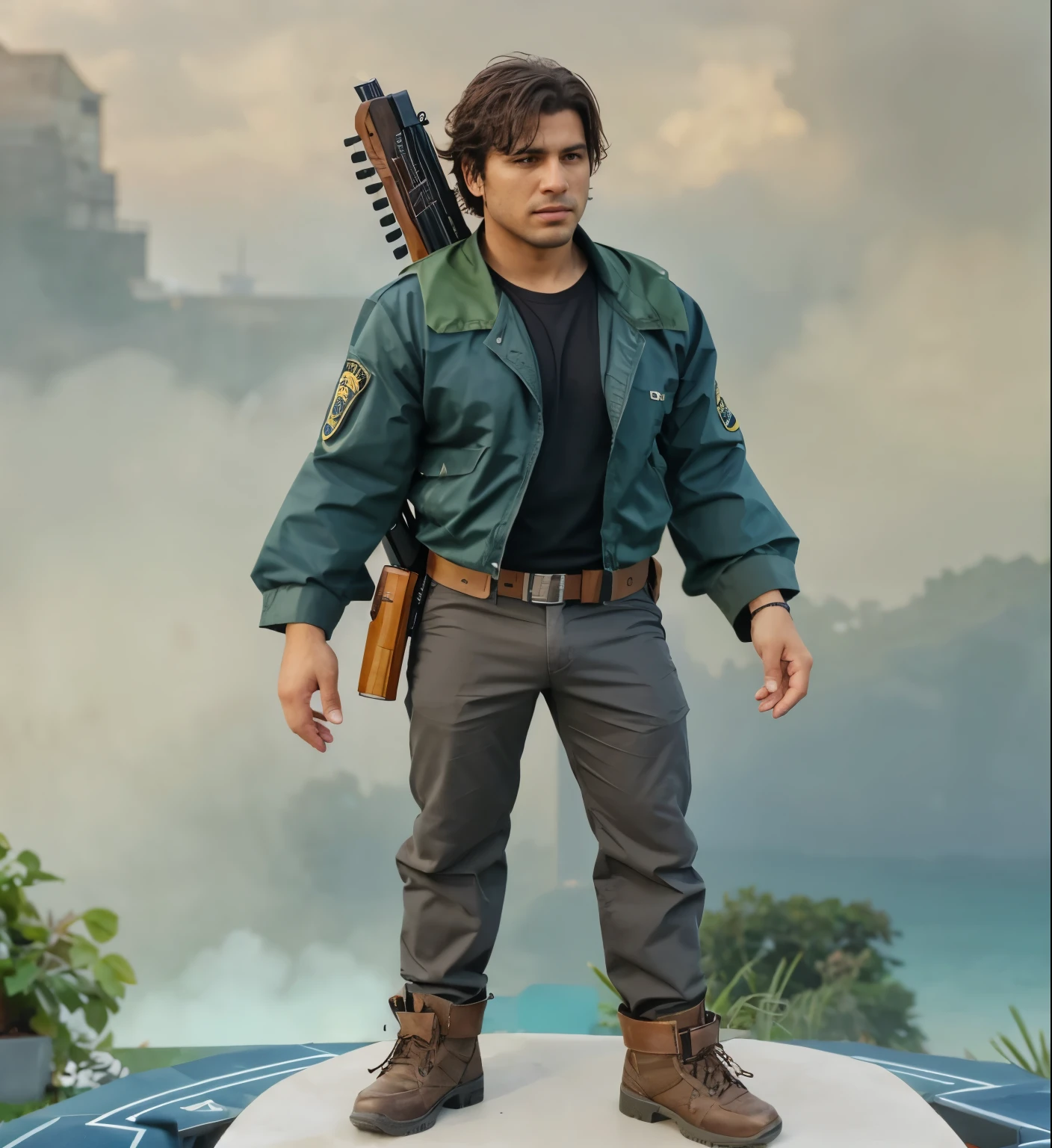 Homem, armado, pistola na cintura, rifle nas costas, bountyhunter.