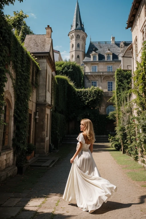 
Blonde, thin Instagram girl gracefully exploring a historic European castle, dressed in a flowing, vintage-inspired gown, capturing the timeless beauty of the surroundings.