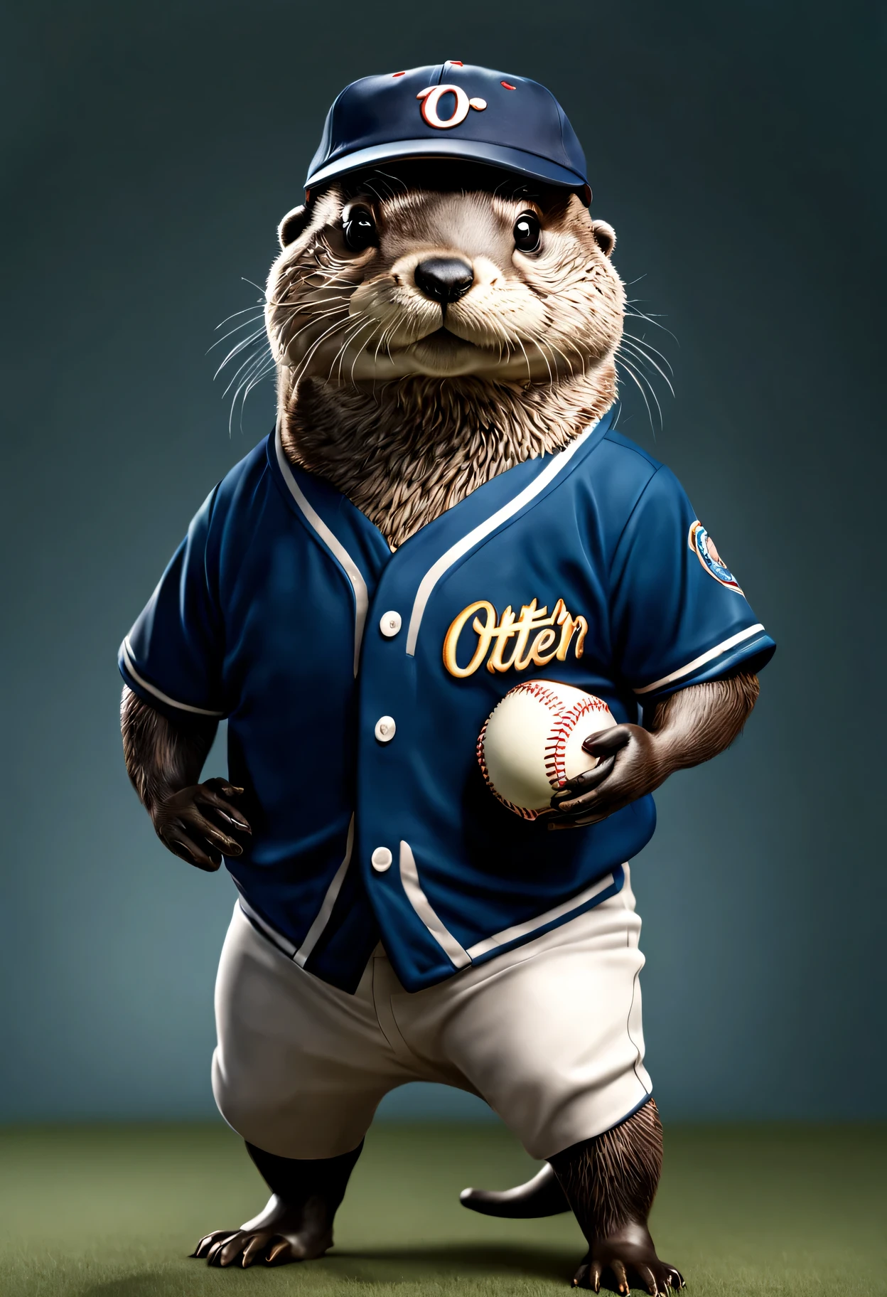 photorealistic portrait of Dressed animals - a fat otter baseball player,( dynamic action pose), high quality,(lovely) ,intricate details, highly detailed ((baseball uniform)) ,highly detailed baseball cap, wearing sunglasses, (happy), studio lighting,(full body image:1.5)