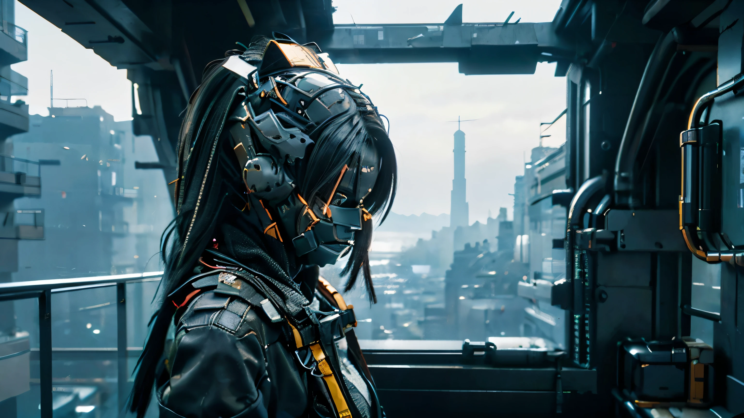 vista desde de una ventana hacia una ciudad ciberpunk, the room full of high tech stuff, una chica viendo por la ventana, con una mano recargada en el vidrio, 8k, ultra realista, ultra detallado, antecedente de calidad 1.5