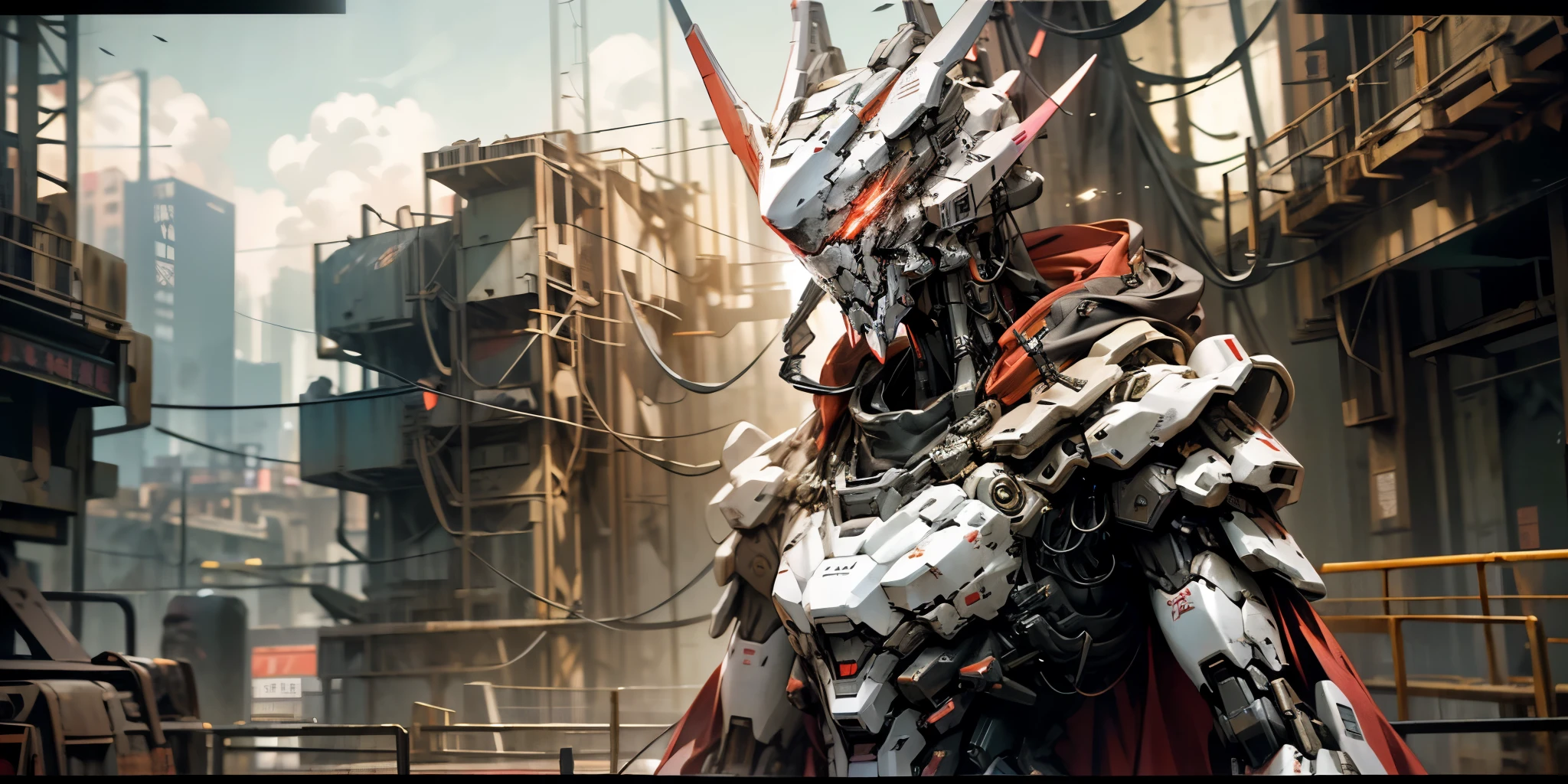8K,(RAW Extremely detailed: 1.3),((best-quality)),((Masterpiece)),ultra-detailed,realistic,extreme detail description,professional,physically-based rendering,sharp focus,glowing weapons,post-apocalyptic ruined buildings of the cyberpunk city in the background,mecha,1 weapon,destroyed atmosphere,red cape fluttering in the wind,skull helmet,white and red colors,science fiction,super cool ghost mecha,red warframe,wearing white mechanical armor,red glowing eyes,coming with great momentum,positive perspective,perfect body proportion,gundam humanoid mech,anime mecha aesthetics,deads-up view,standing pose,military giant mech,future technology,realistness,dark clouds in the sky,postwar background,NVIDIA RTX,super-resolution,Unreal 5,large aperture,combat pose,depth of field,upper body,letterboxed