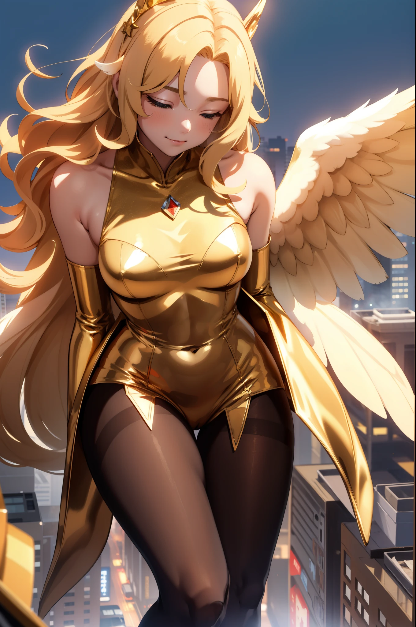 Aerial View，giant girl 50,000 feet high，Weight 1000kg，Has a pair of huge golden angel wings，With huge devil horns on his head，Has waist-length golden hair，loose hair，Big wavy blonde curls，Golden crown，Wearing a pair of gold Mary Jane heels，Gold lace gloves，gold lace pantyhose，Pantyhose with bow and star decorations，金色蕾丝whole body，Standing upright on a small city，Beautiful appearance，Exquisite makeup，quality，8k，高quality，Perfect proportion, Cinema lighting，film grain，Fuji colors，8k，textured skin，Super details，high detail，high resolution，fake smile，blood stains，脚底有blood stains，whole body，Obese，feather