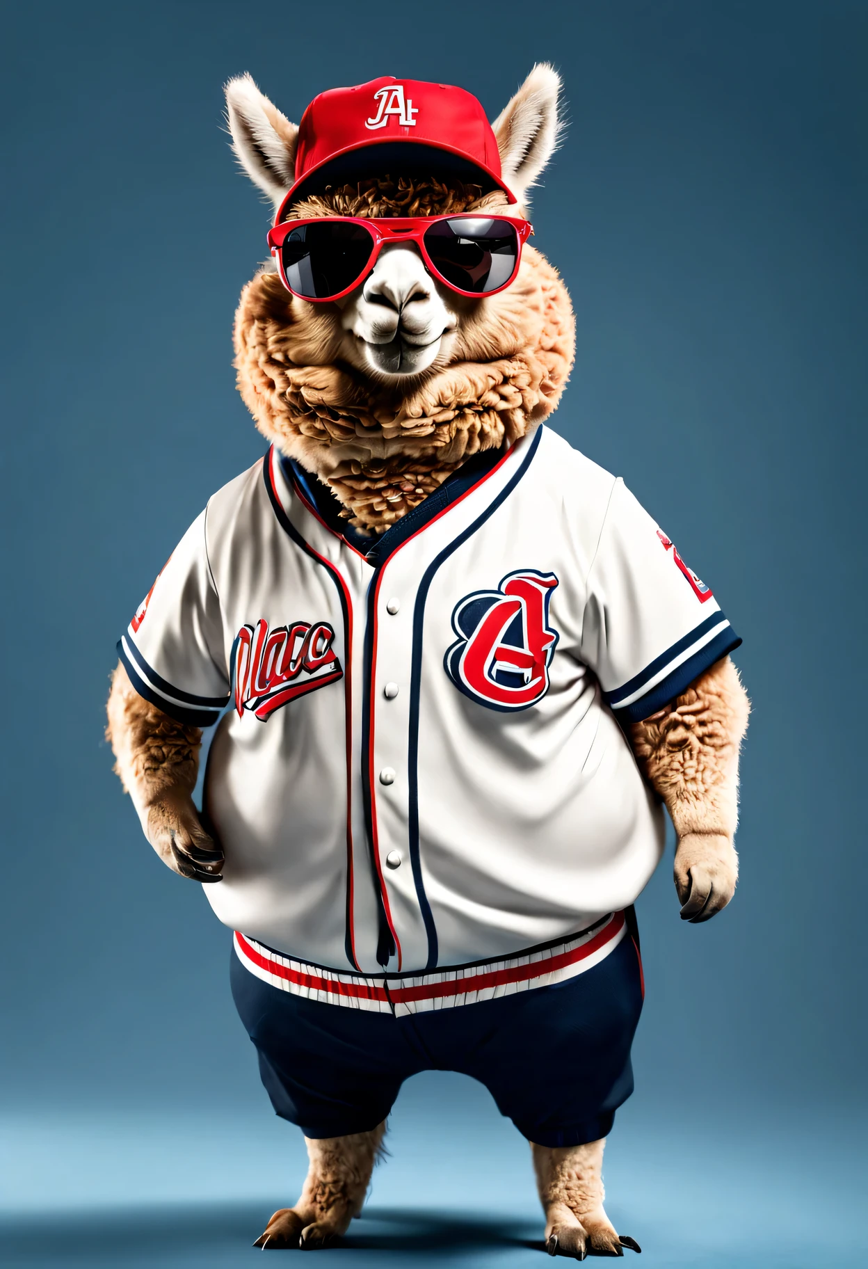 photorealistic portrait of Dressed animals - a fat alpaca baseball player,( dynamic action pose), high quality,(lovely) ,intricate details, highly detailed ((baseball uniform)) ,highly detailed baseball cap, wearing sunglasses, (happy), studio lighting,(full body image:1.5)