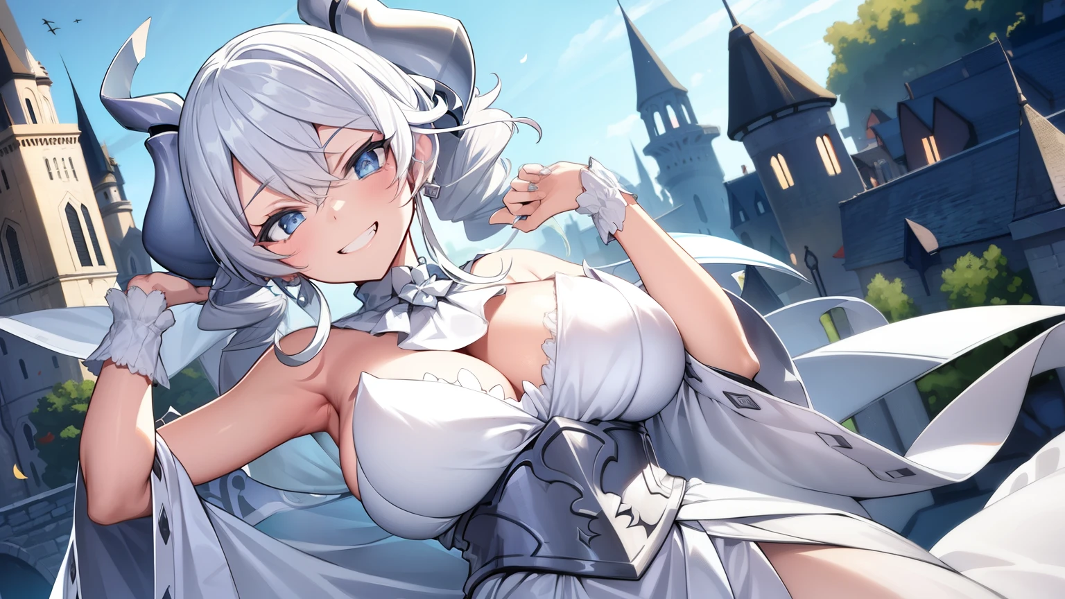 (muste piece, best quality, High resolution, ticker, perfect pixel, Depth of bounds written, In 4K), 
beautiful anime girl, 
Looking at Viewer, 
perfect body,  

white hair, horn, 
white dress, 
grin, 

castle background, 
dynamic pose, 