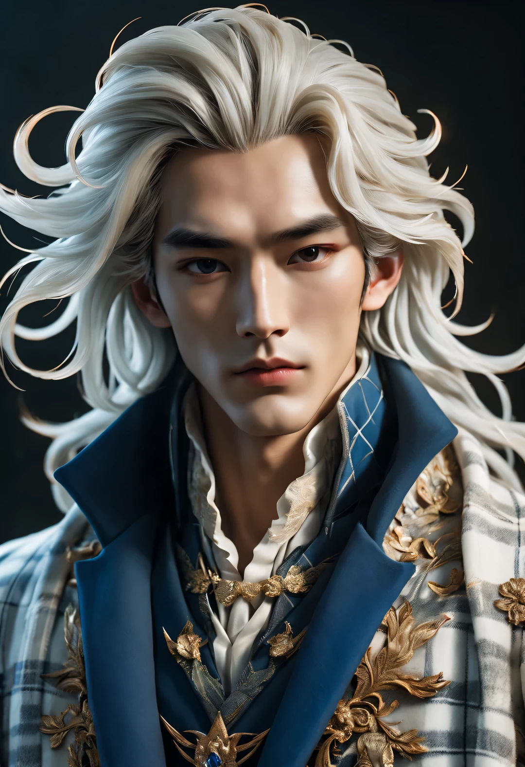 (male character design), Half body photo, Staring at the camera,
(Chinese handsome man Gao Changgong, Prince of Lanling, in front of the computer), (The left half of his face wears an ornate blue and gold mask: 1.1), (Messy long white hair: 1.2), (Wearing a rococo style plaid woolen coat，royal blue: 1.34), Have a perfect figure, Fair and delicate skin, Lips as red as vermilion, high nose bridge, deep eyes, There is an extraordinary heroic spirit between his eyebrows. He has a slender figure, Has beautiful muscle lines, like a perfect sculpture. His character is brave and beautiful, like a woman, Be brave and decisive. There is an indescribable tenderness and warmth deep in his heart, Jude Law (inspired by actor Jude Law), Surrealism, Located in modern offices,
HD, high quality, HD Analysis, 32k,