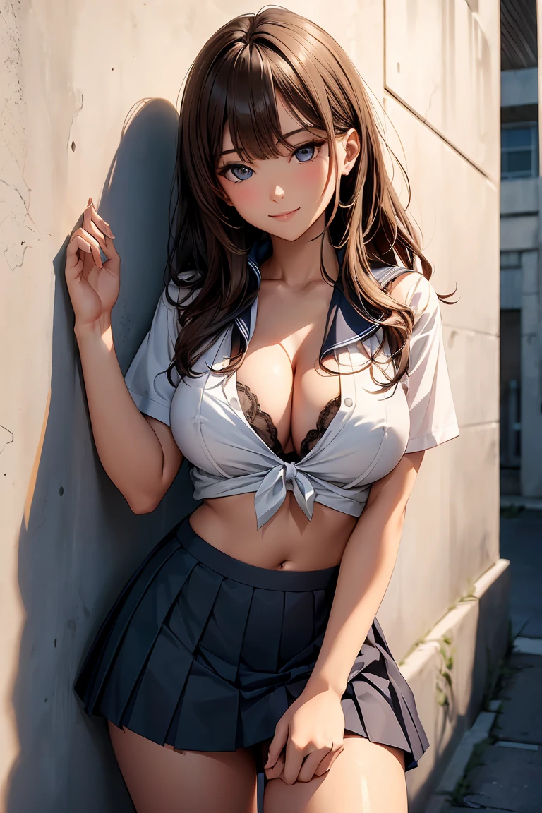 masterpiece, highest quality, 非常にdetailedな CG Unity 8K 壁紙, Ultra-realistic 8KCG, perfect artwork, perfect woman image, dramatic shadow, (Spotlight, perfect lighting, detailedな光, (((1 girl))), ((sharp face)), ((brown hair, wavy hair)), (((sexyポーズ))), model body shape, I can see your belly button, big and full breasts, ((cute face)), (smile gently: 1.2), (asymmetrical bangs, beautiful eyelashes), beautiful face, (Beautiful chest line:1.2), (cleavage), beautiful girl, Exquisite facial features depicting the perfect face, cold, Naturally beautiful, sweating, slender body, Light and beautiful thigh expression, high school girl, high school uniform, Wet and transparent white sailor uniform, Wet and transparent white pleated skirt, loose socks, In front of a wall full of graffiti, night, (((lean against the wall, standing))), Award-winning photo, detailed, realistic light and shadow, 8K resolution, professional lighting, (glowing skin:0.9), perfect hands,High resolution、high resolution、sexy