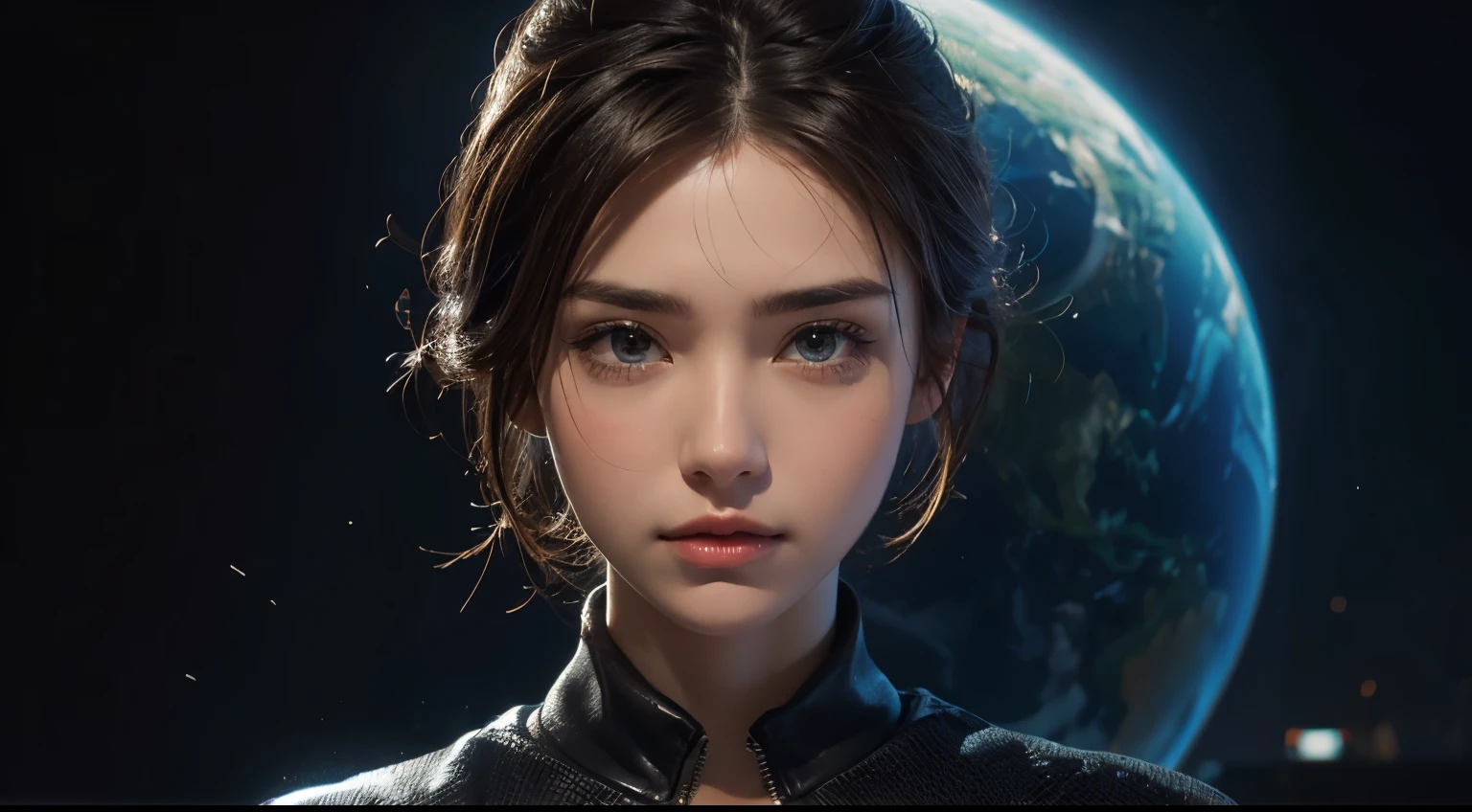 A beautiful woman is looking straight at the camera with a serious expression. . Dark brown hair. Fashionable clothes. A blue shining planet exists in the background of the woman.