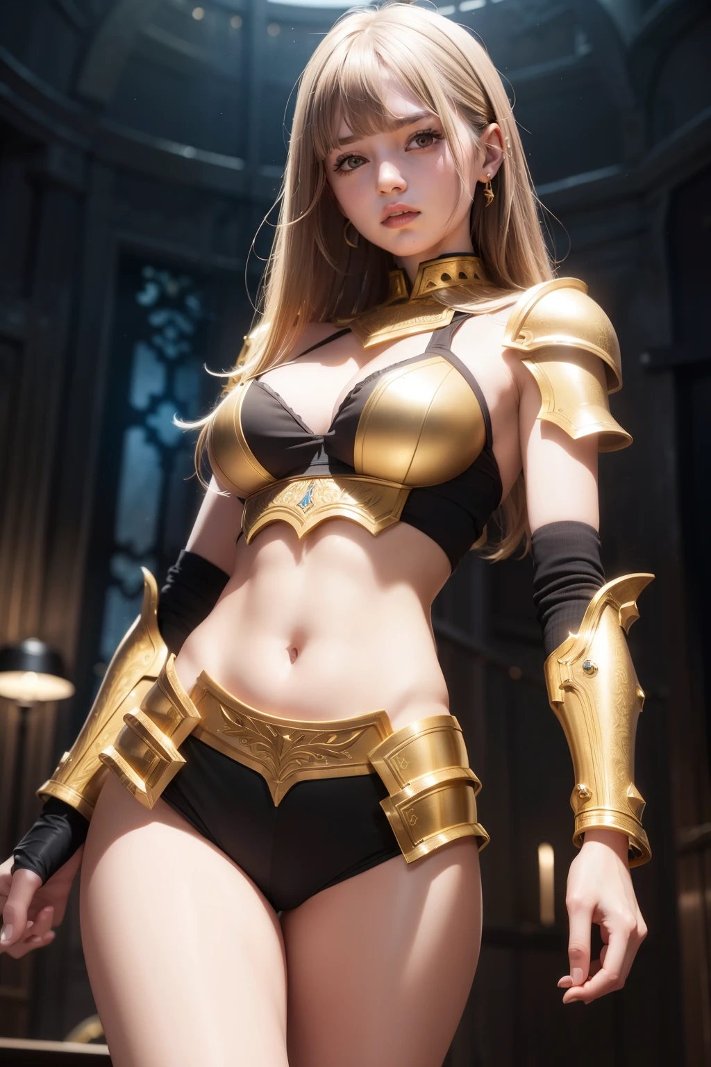 age girl, full plate armor, sweaty hair, Ancient battlefields, big breasts, Ram horns growing from his head, background blur, Magic circle in the background, movie lighting effects, thrust one's hand forward, Burning castle in the background, countless flames in the background, sparkling eyes, Casting spells, Crazy, Magic circle at the tip of your hand, Damaged armor, tilt one's face, blue flame, smile, anatomically correct hand, Draw a magic circle, flying in the sky, Jet black wings grow, highly detailed face, Beautiful and well-proportioned face, beautiful skin, Flying, Supermodel proportions, Crescent Moon, Rainy nights, Cast a spell, I can see my abs, separate armor, Lightning is falling, beautiful hair, pointed ears