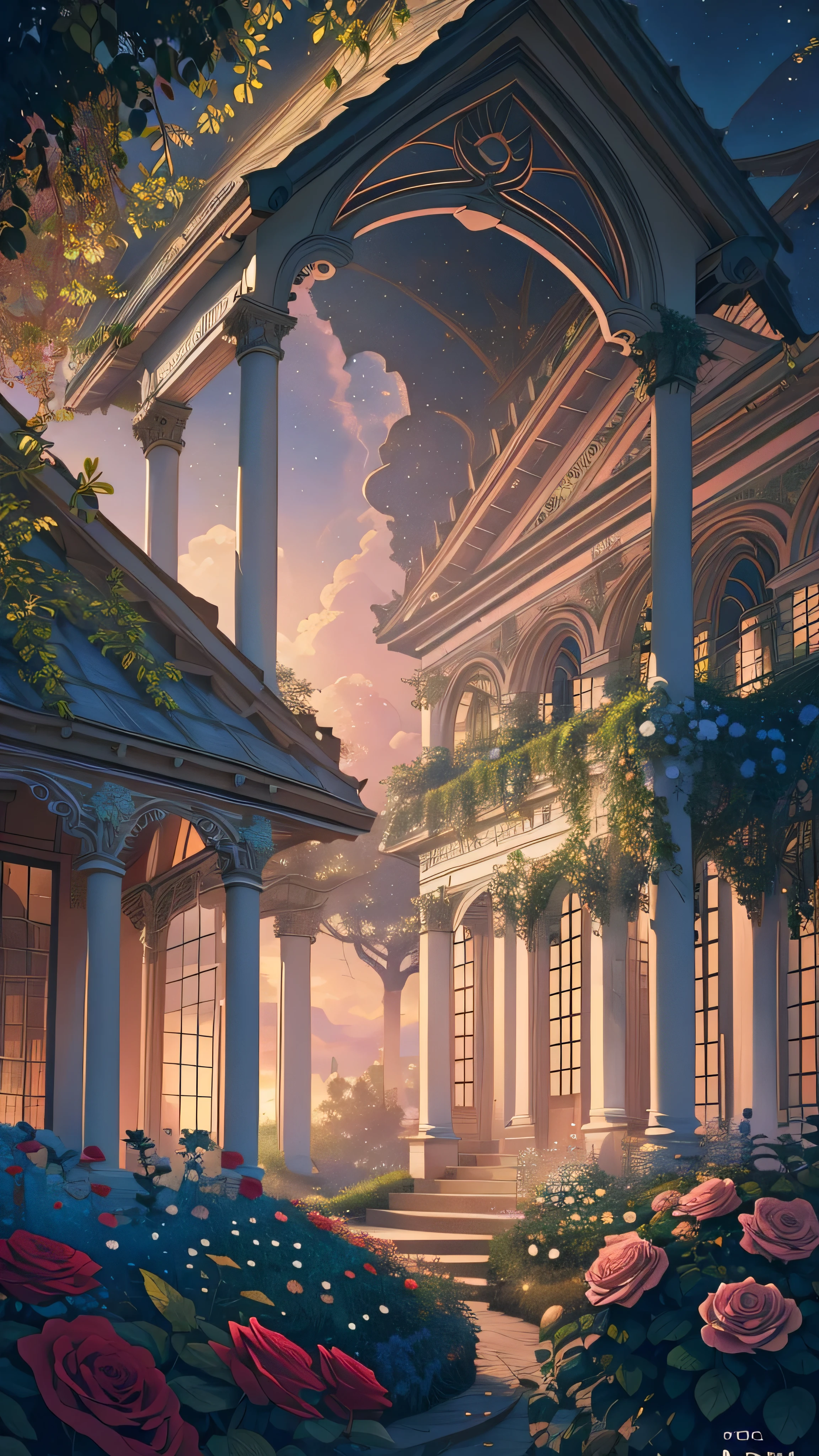 (Illustration:1.3), (secret garden), lush, floral, rose, (botanical), romanticism, moody, space, stars, nebula, beautiful clouds, moon, trellis, lattice, garden, gazebo, (realistic:1.5), (good shading), good architecture, volumetric lighting, cinematic, good architecture, (highest quality, award winning, masterpiece:1.5),