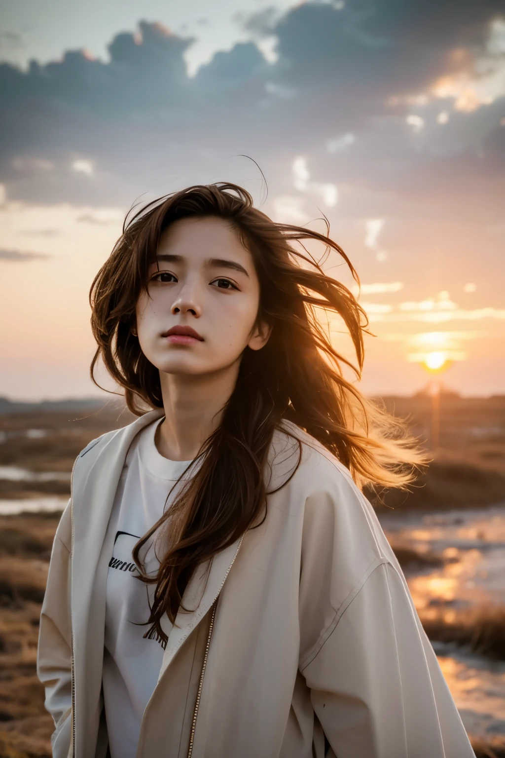 (masterpiece), (best quality), photography, 1girl, portrait, side look portrait, winning award photography, messy hair, windy, outdoor, sunset