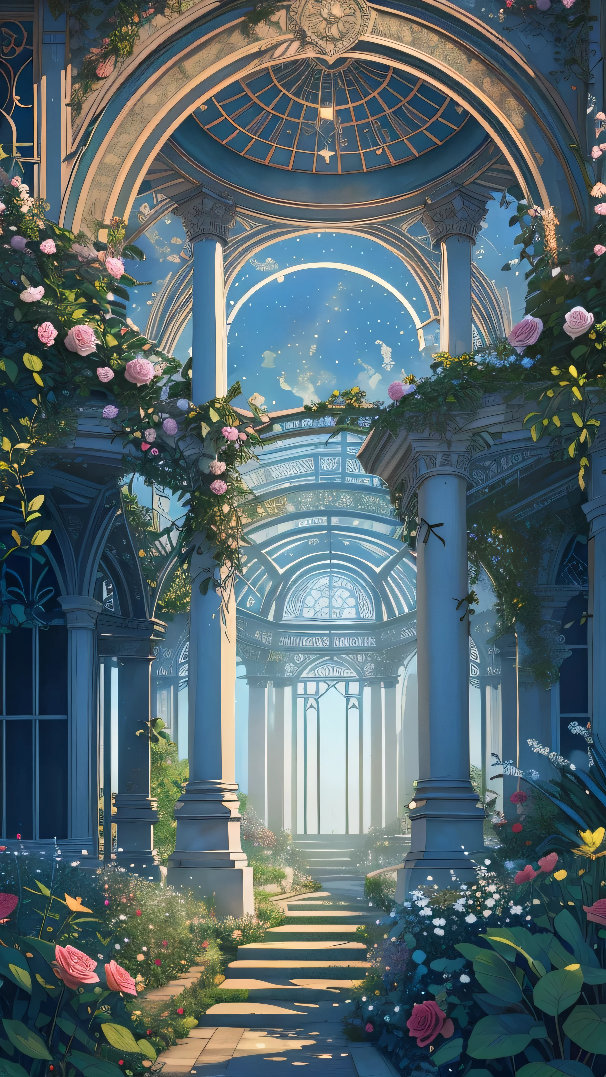(Illustration:1.3), (secret garden), lush, floral, rose, (botanical), romanticism, moody, space, stars, nebula, beautiful clouds, moon, trellis, lattice, garden, gazebo, (realistic:1.5), (good shading), good architecture, volumetric lighting, cinematic, good architecture, (highest quality, award winning, masterpiece:1.5),