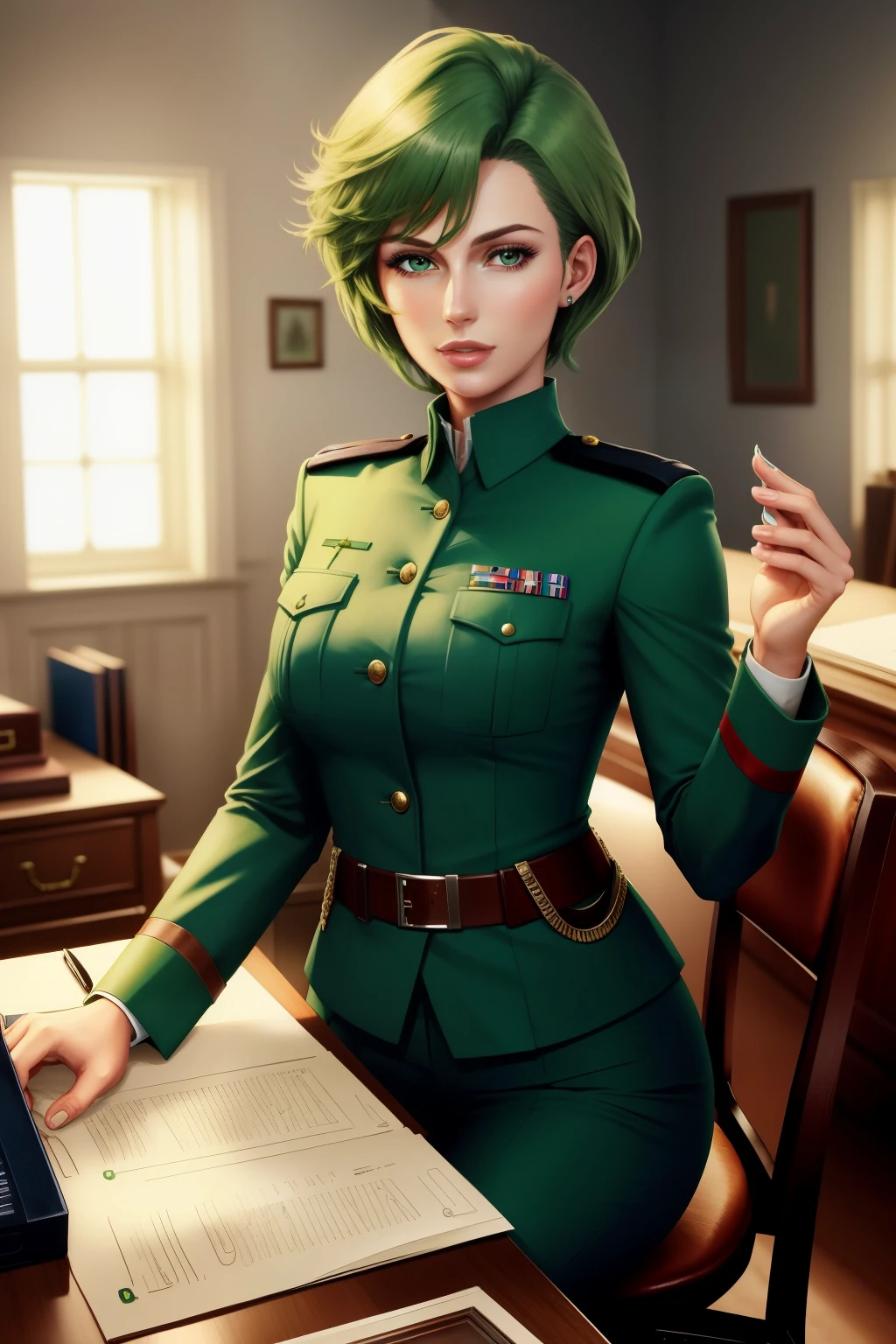 Frederica Greenhill, 25 years old, lieutenant, adjutant, shortcut, green hair,
Working at a desk